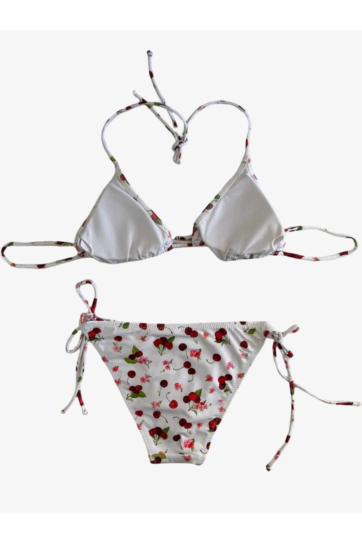 Kadın Beyaz Kiraz Temalı Boyundan İp Bağlamalı Üçgen Bikini Takımı HZL25S-LC5005