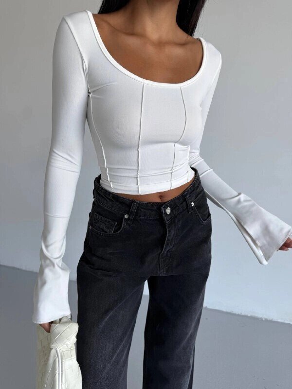 Kadın Beyaz Uzun Kollu Arkası Bağlamalı Fit Kesim Crop Bluz HZL25W-FRY122771