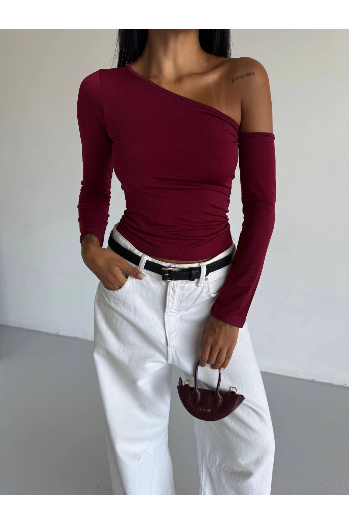 Kadın Bordo Asimetrik Yaka Drapeli Sandy Bluz HZL25S-FRY123361
