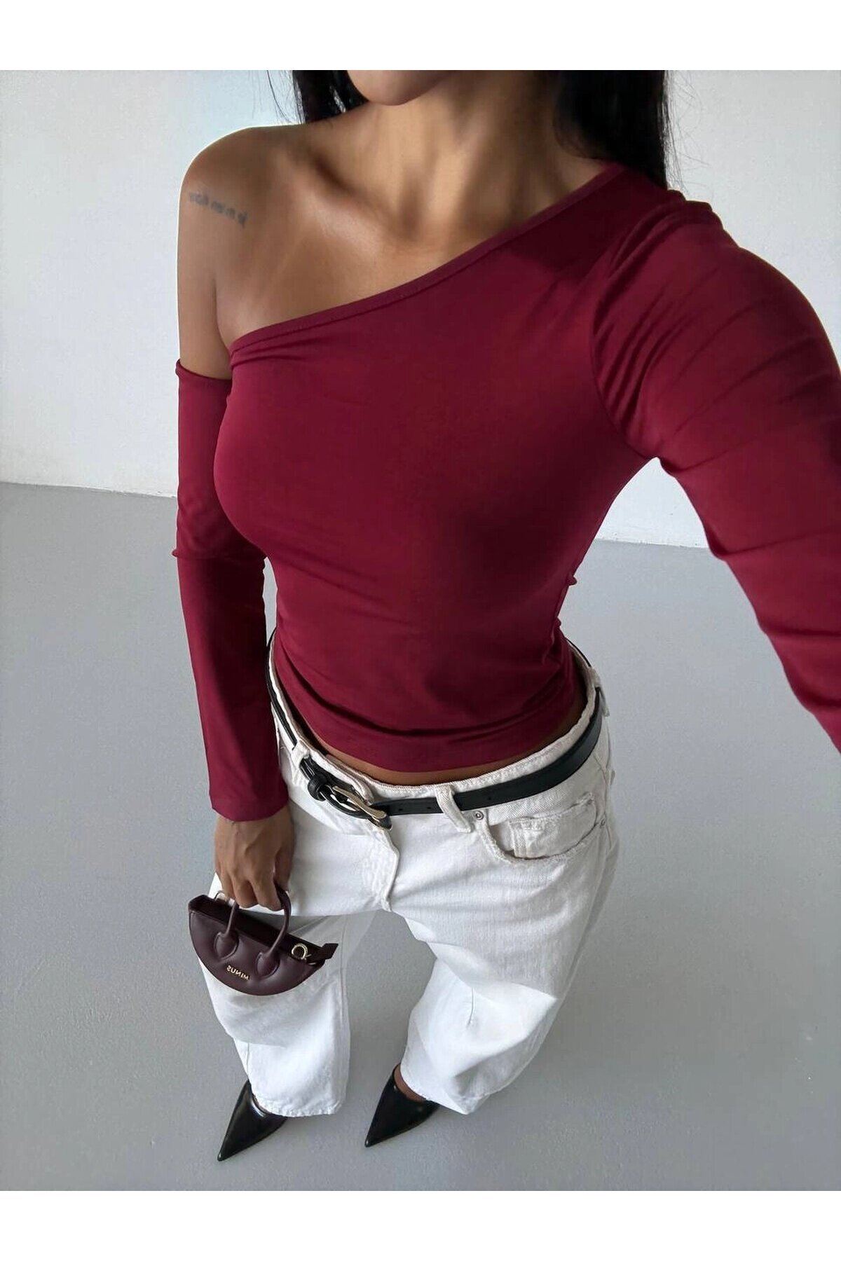 Kadın Bordo Asimetrik Yaka Drapeli Sandy Bluz HZL25S-FRY123361