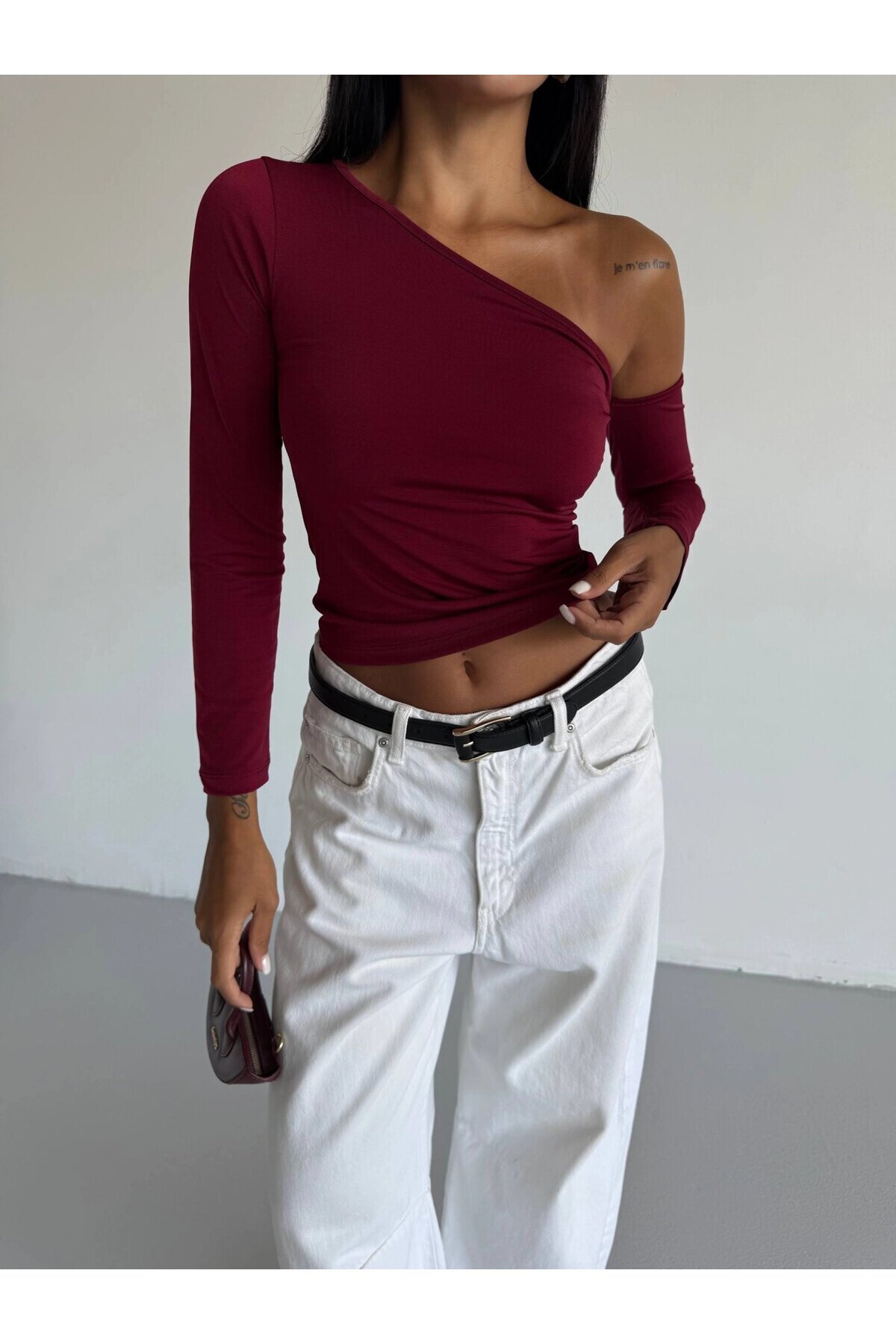 Kadın Bordo Asimetrik Yaka Drapeli Sandy Bluz HZL25S-FRY123361
