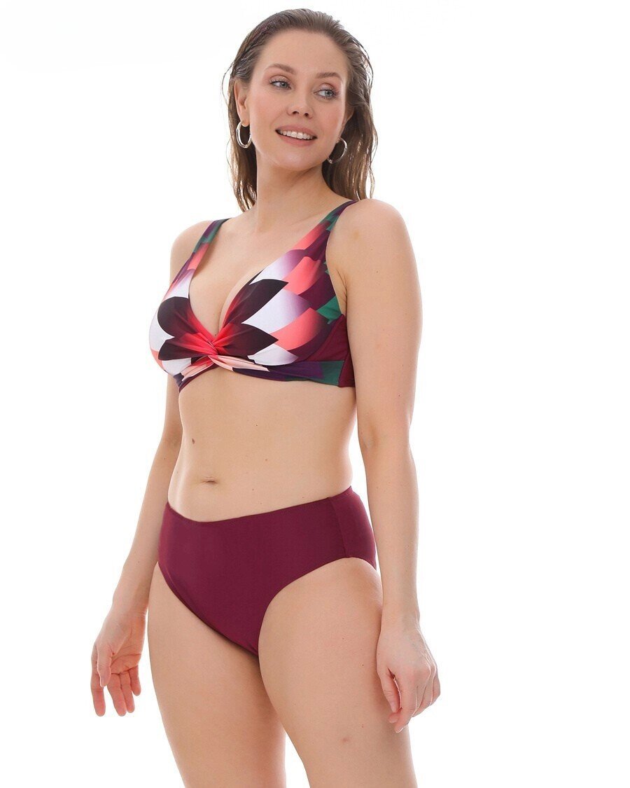 Kadın Bordo Çok Renkli Yüksel Bel Astarlı Büyük Beden Bikini Takımı HZL25S-LC22315
