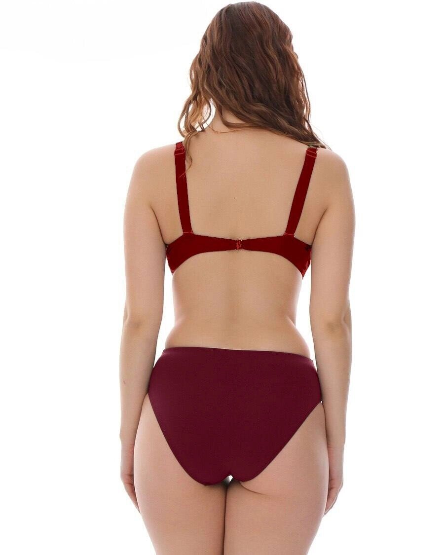 Kadın Bordo Çok Renkli Yüksel Bel Astarlı Büyük Beden Bikini Takımı HZL25S-LC22315