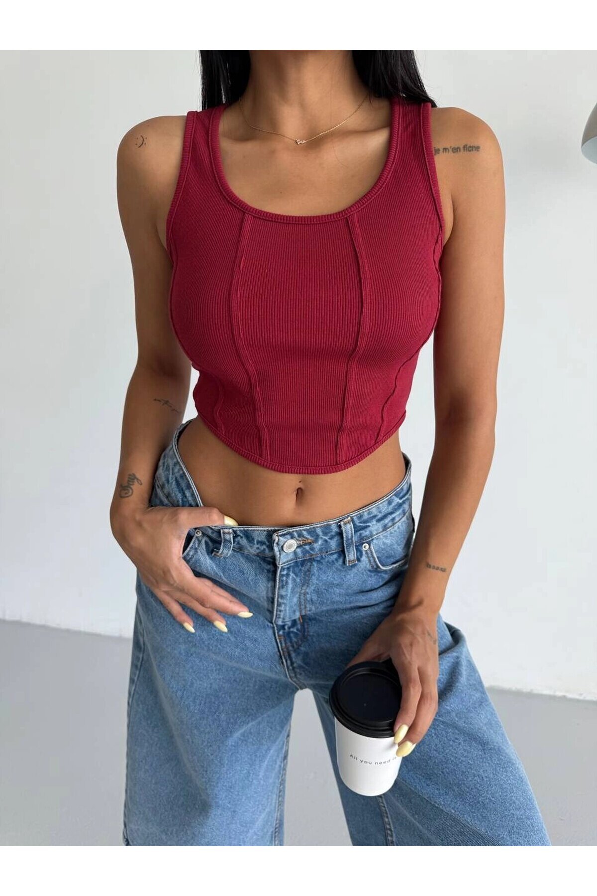 Kadın Bordo Fitilli Kaşkorse Crop Bluz HZL25S-FRY123171