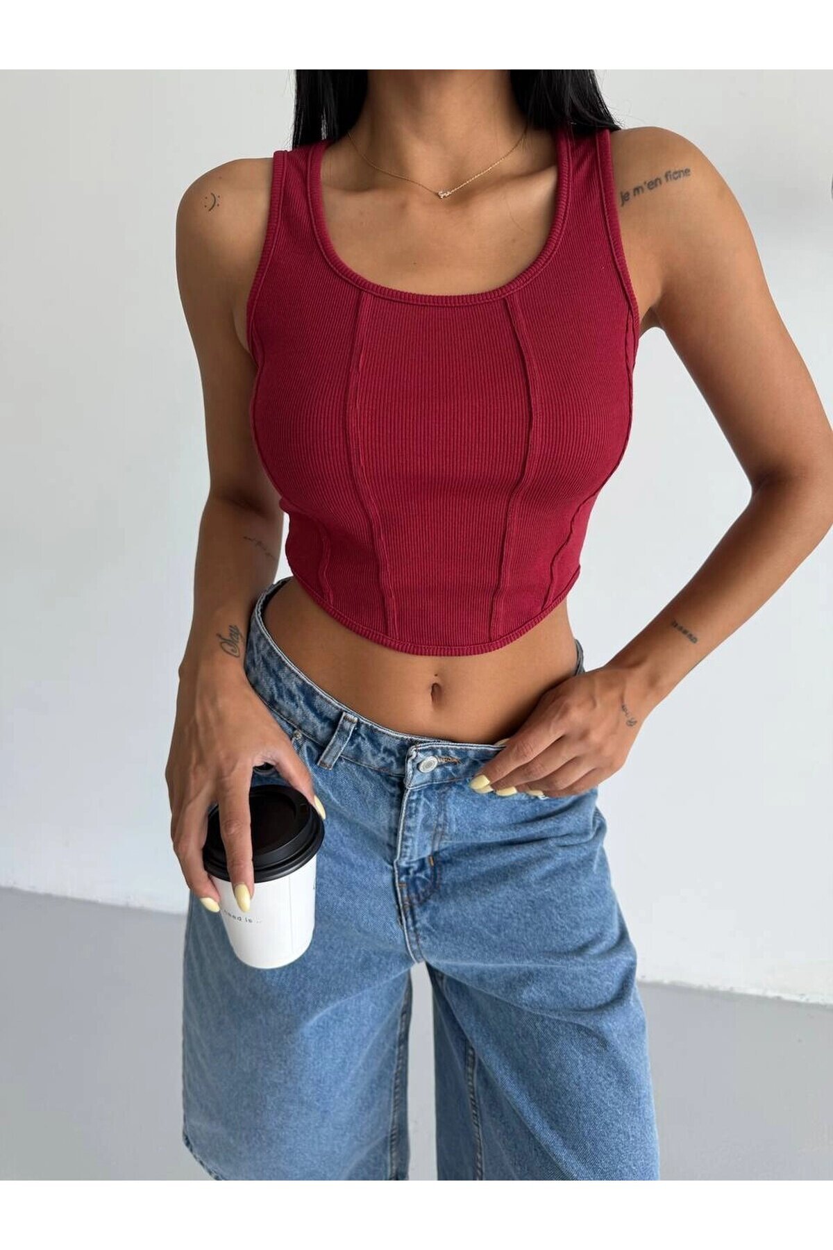 Kadın Bordo Fitilli Kaşkorse Crop Bluz HZL25S-FRY123171