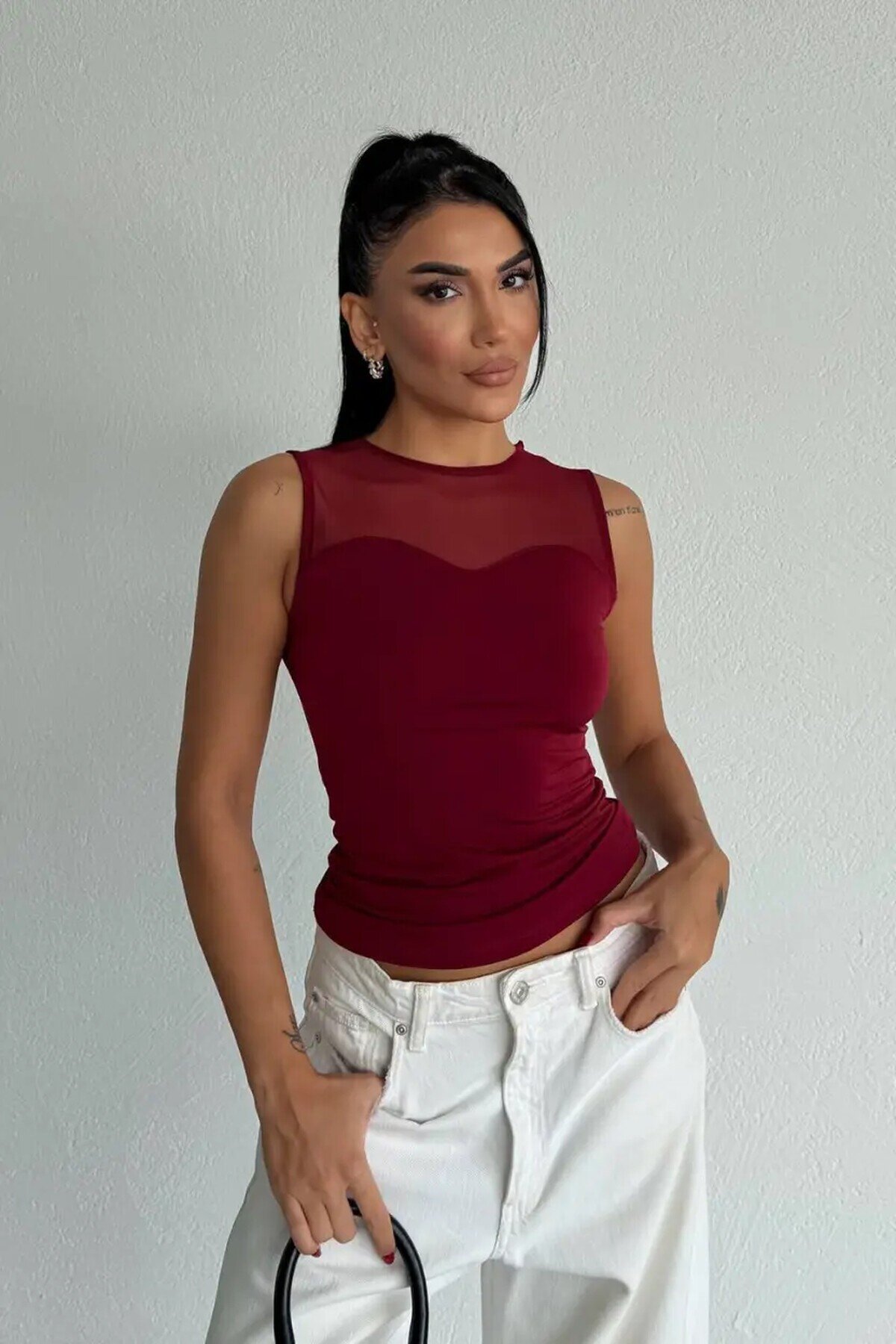 Kadın Bordo Kolsuz Likralı Tül Detay Sandy Bluz HZL26W-FRY123721