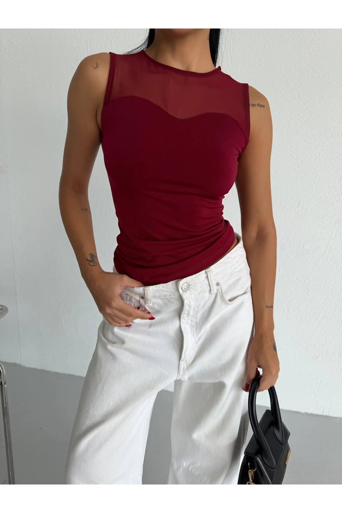 Kadın Bordo Kolsuz Likralı Tül Detay Sandy Bluz HZL26W-FRY123721