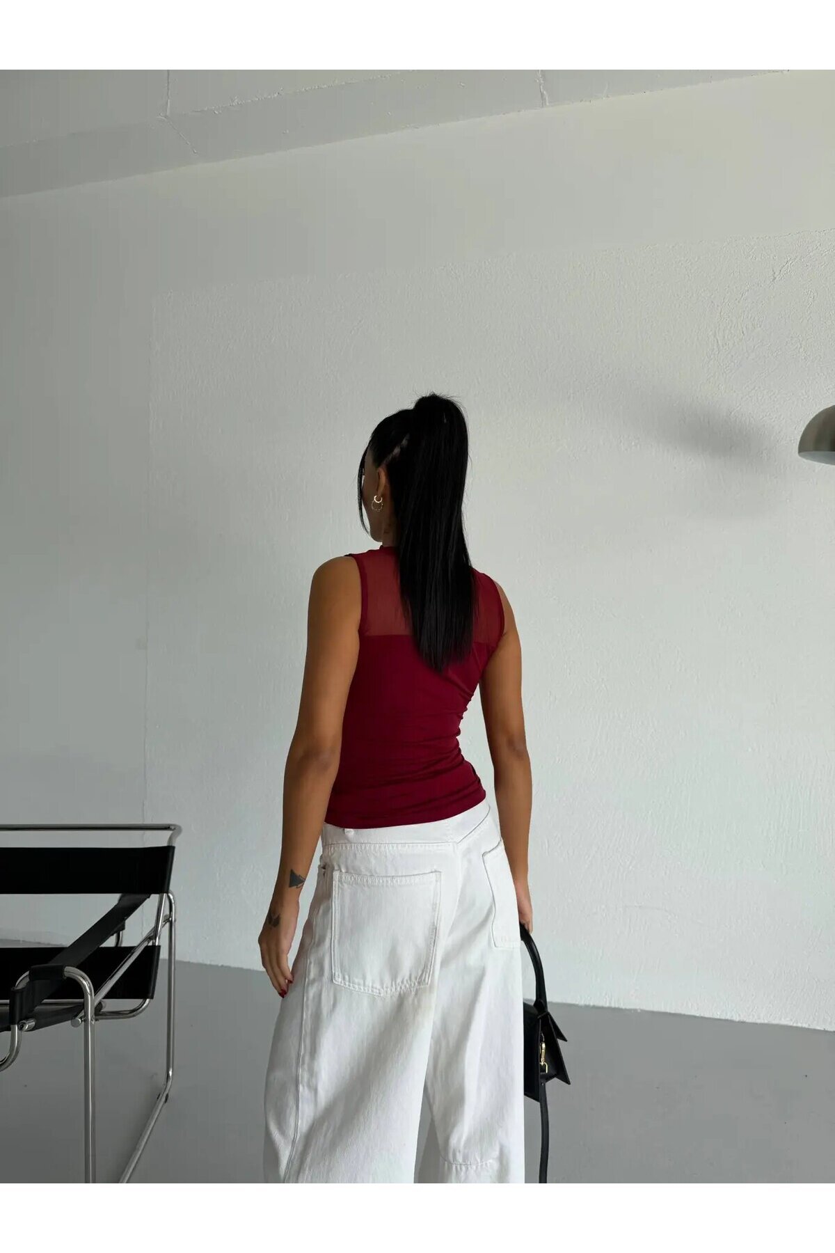 Kadın Bordo Kolsuz Likralı Tül Detay Sandy Bluz HZL26W-FRY123721