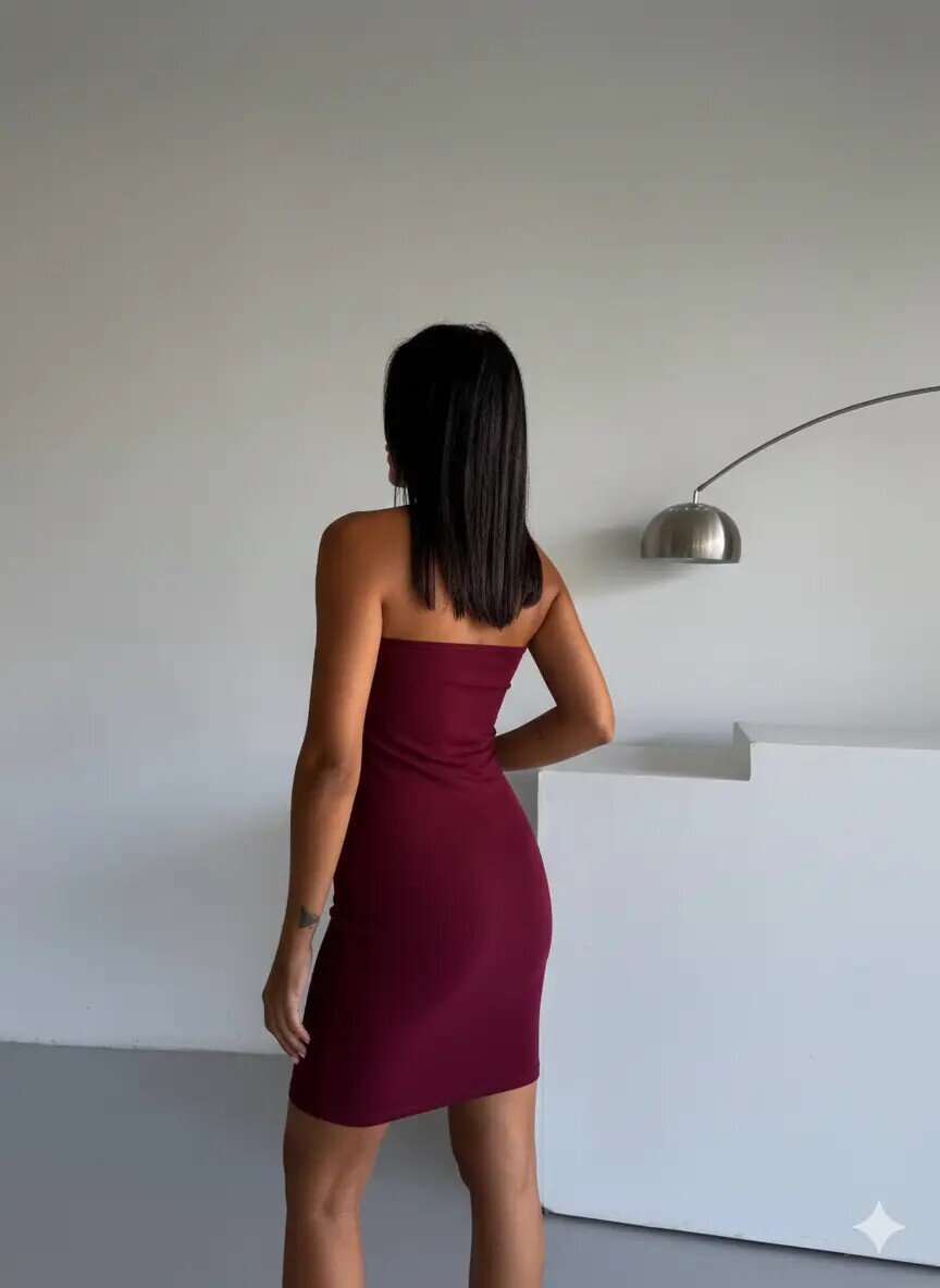 Kadın Bordo Ottoman Kumaş Halter Yaka Toka Detay Elbise HZL26W-FRY123411