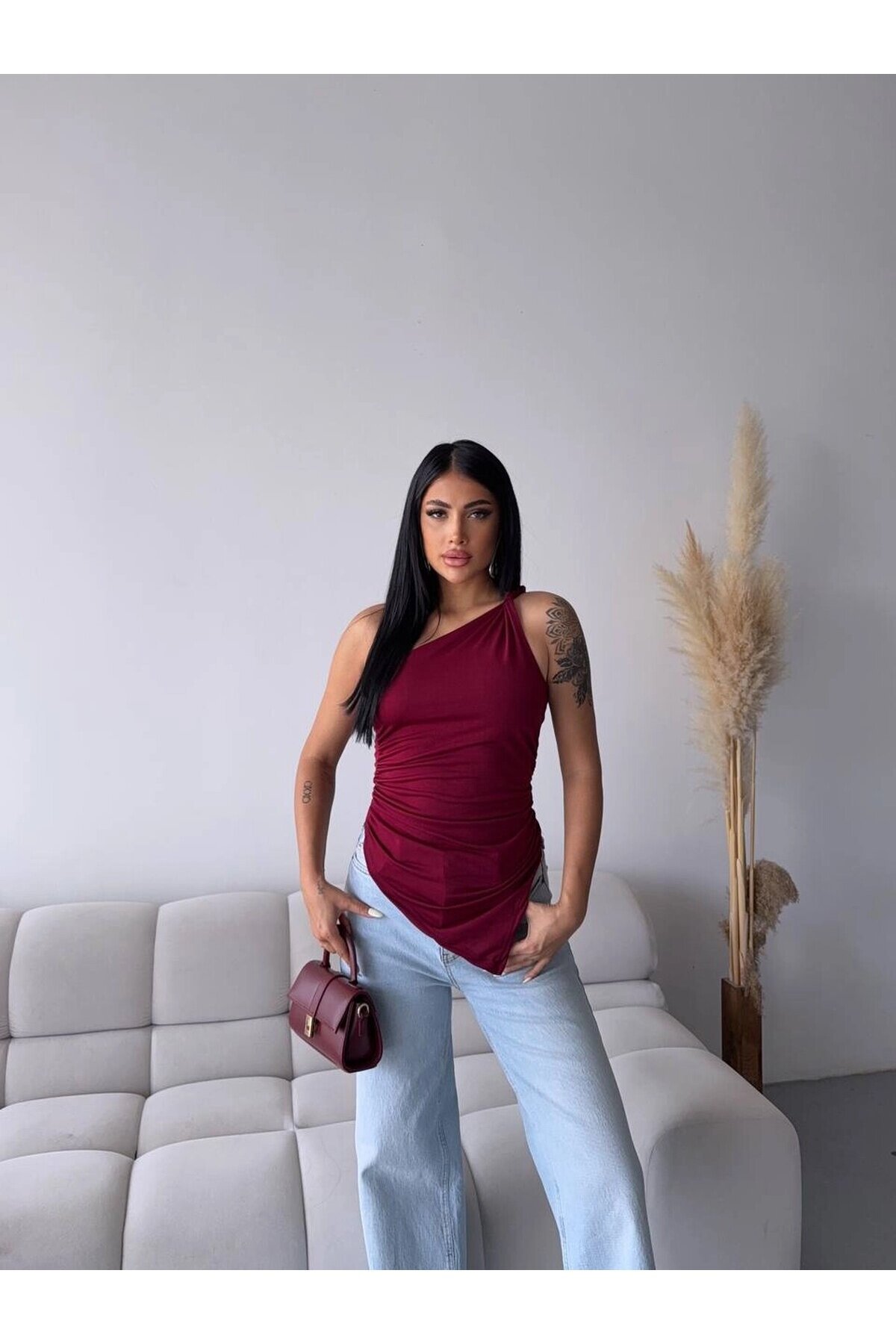 Kadın Bordo Tek Omuz Asimetrik Kesim Sandy Bluz HZL25S-FRY123241