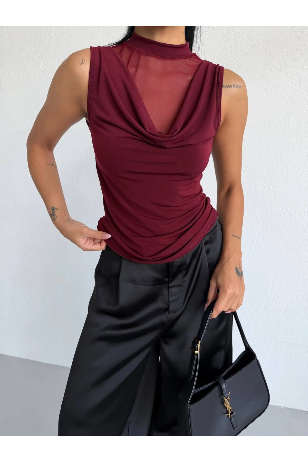 Kadın Bordo Tül Detay Degaje Yaka Yanlardan Drapeli Sandy Bluz HZL26S-FRY123791