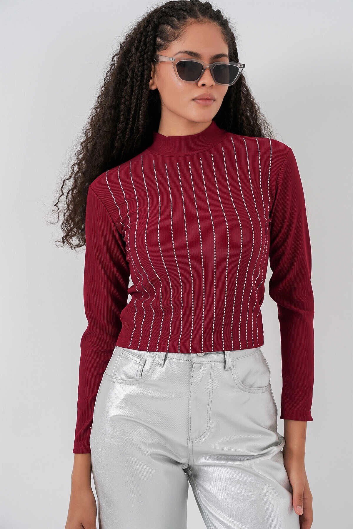 Kadın Bordo Yarım Balıkçı Önü Taşlı Body HZL25W-BD19221