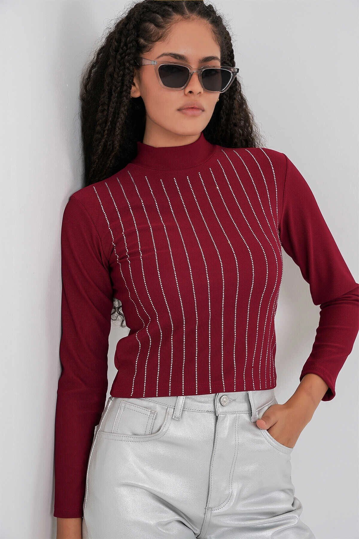 Kadın Bordo Yarım Balıkçı Önü Taşlı Body HZL25W-BD19221