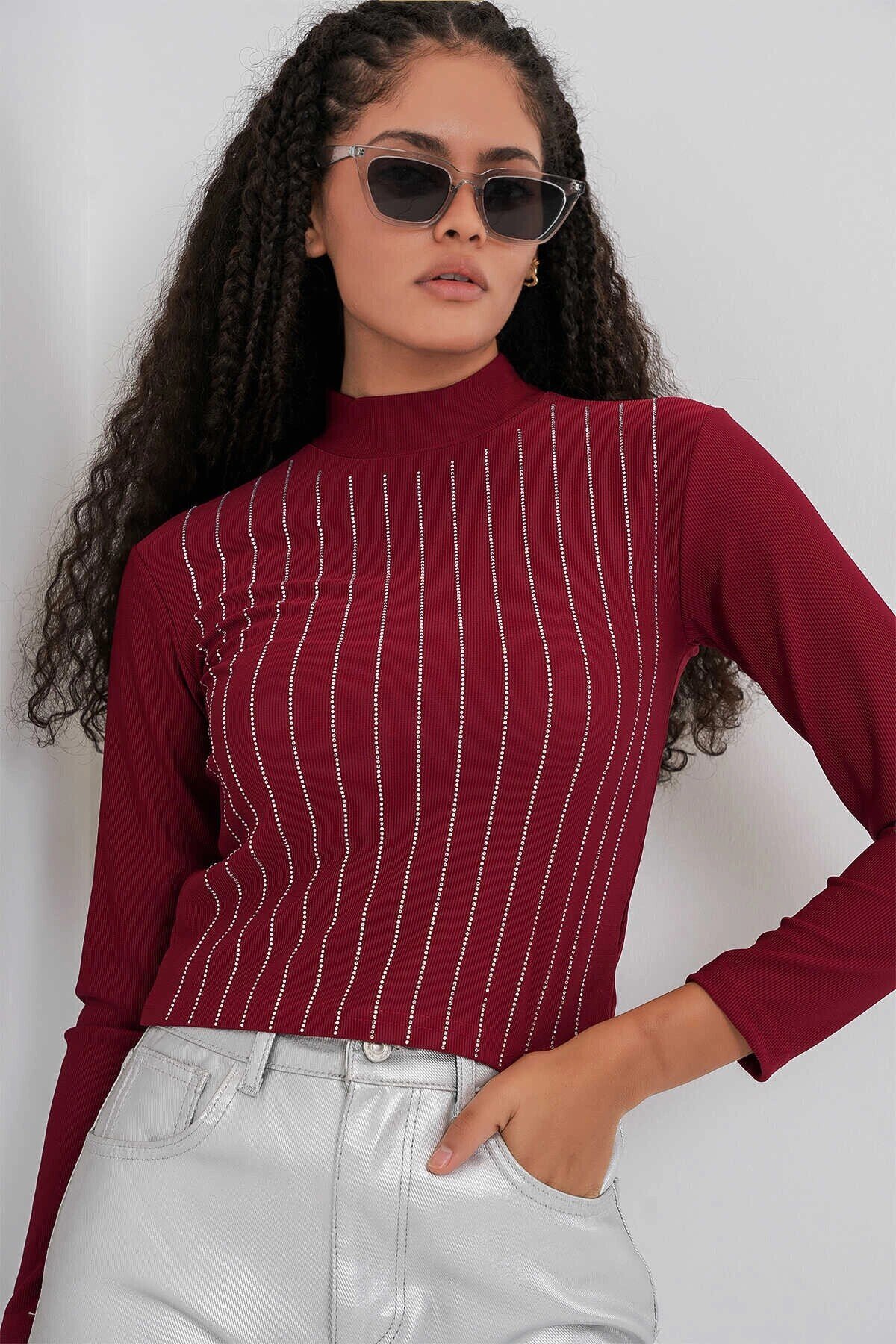 Kadın Bordo Yarım Balıkçı Önü Taşlı Body HZL25W-BD19221