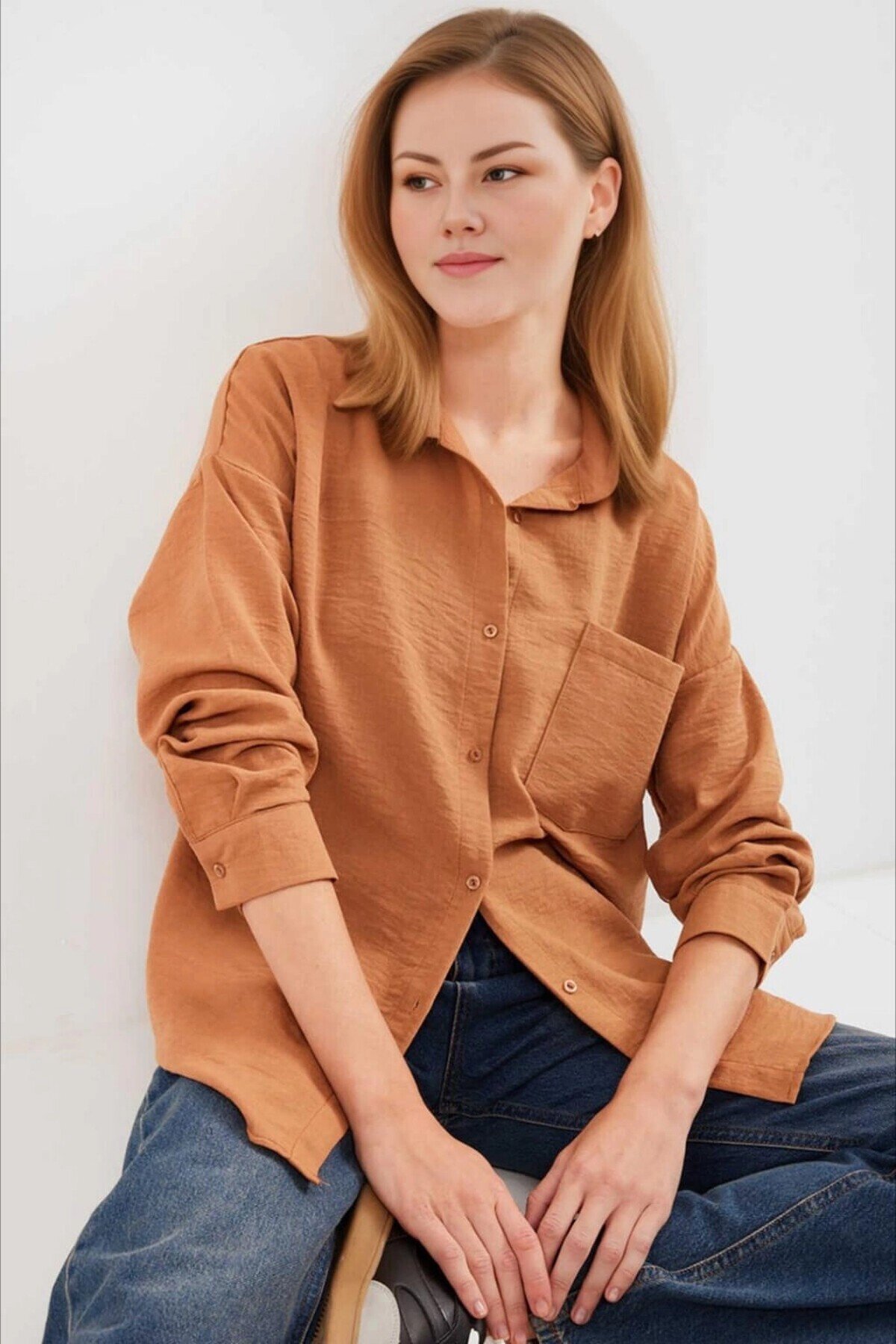Kadın Camel Tek Cepli Oversize Keten Ayrobin Gömlek HZL24S-BD1201531