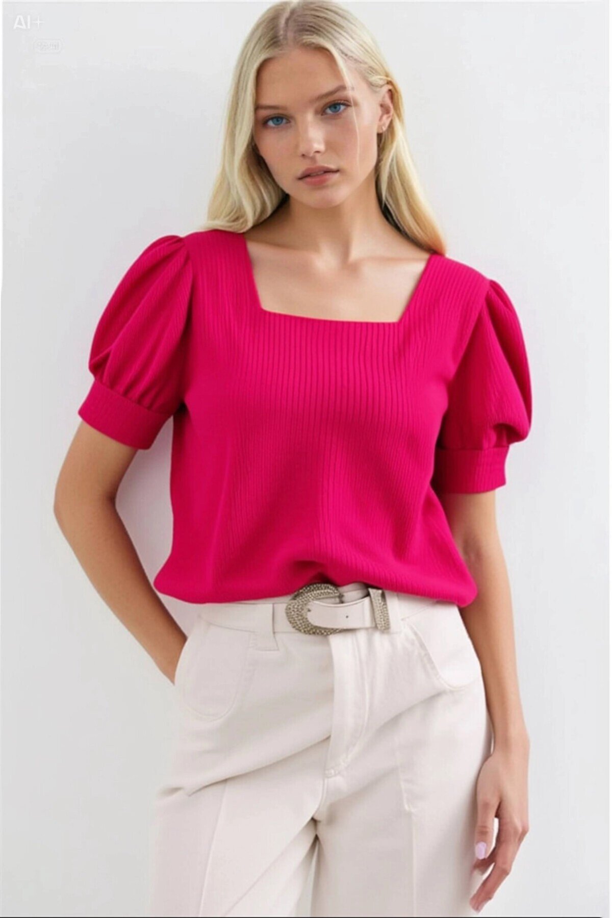 Kadın Fuşya Kare Yaka Örme Bluz HZL22W-BD104091