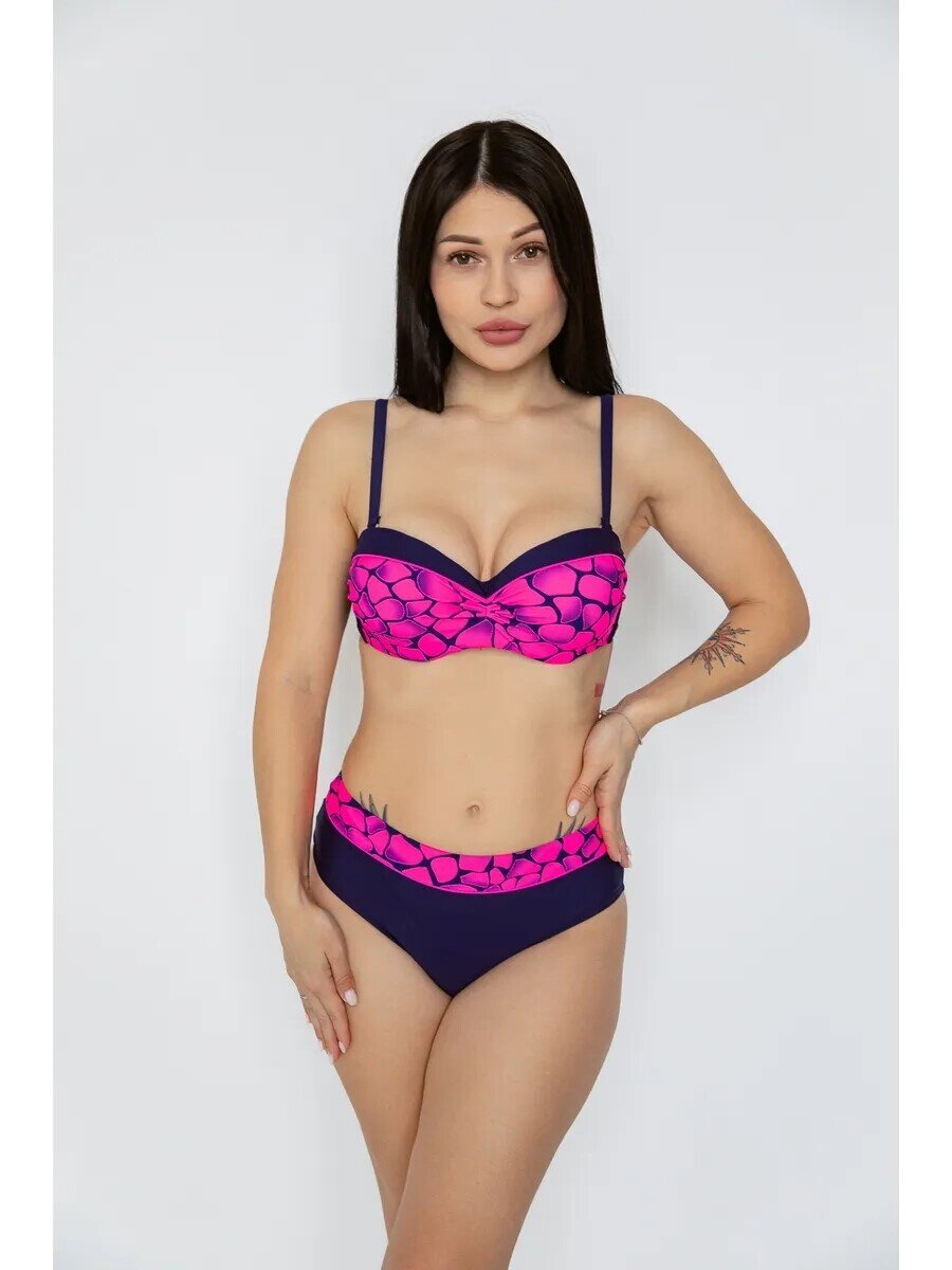 Kadın Fuşya Lacivert Desenli Astarlı Büyük Beden Bikini Takımı HZL25S-LC25143