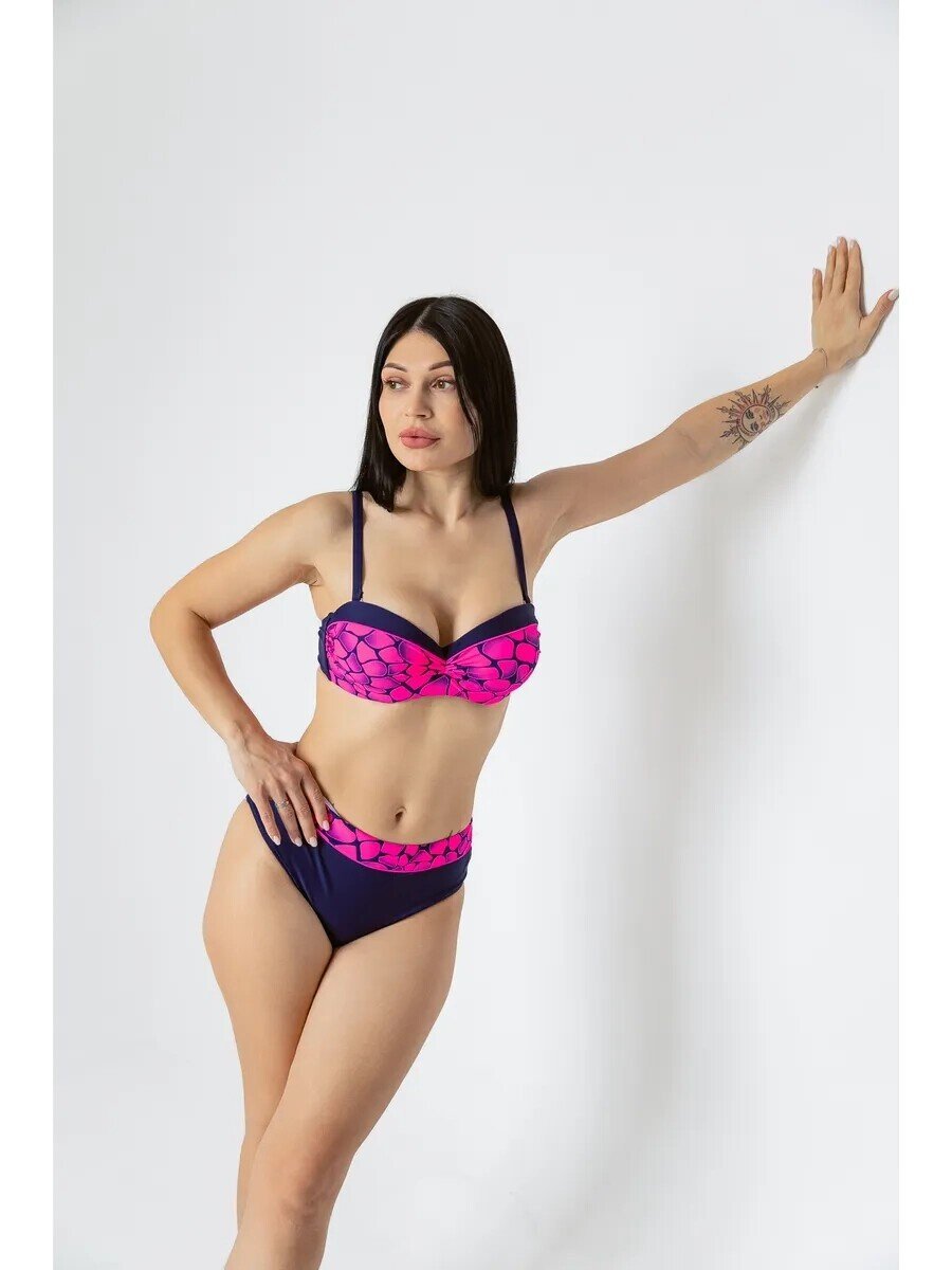 Kadın Fuşya Lacivert Desenli Astarlı Büyük Beden Bikini Takımı HZL25S-LC25143