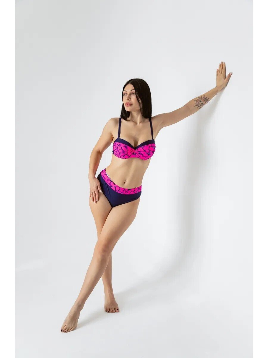 Kadın Fuşya Lacivert Desenli Astarlı Büyük Beden Bikini Takımı HZL25S-LC25143