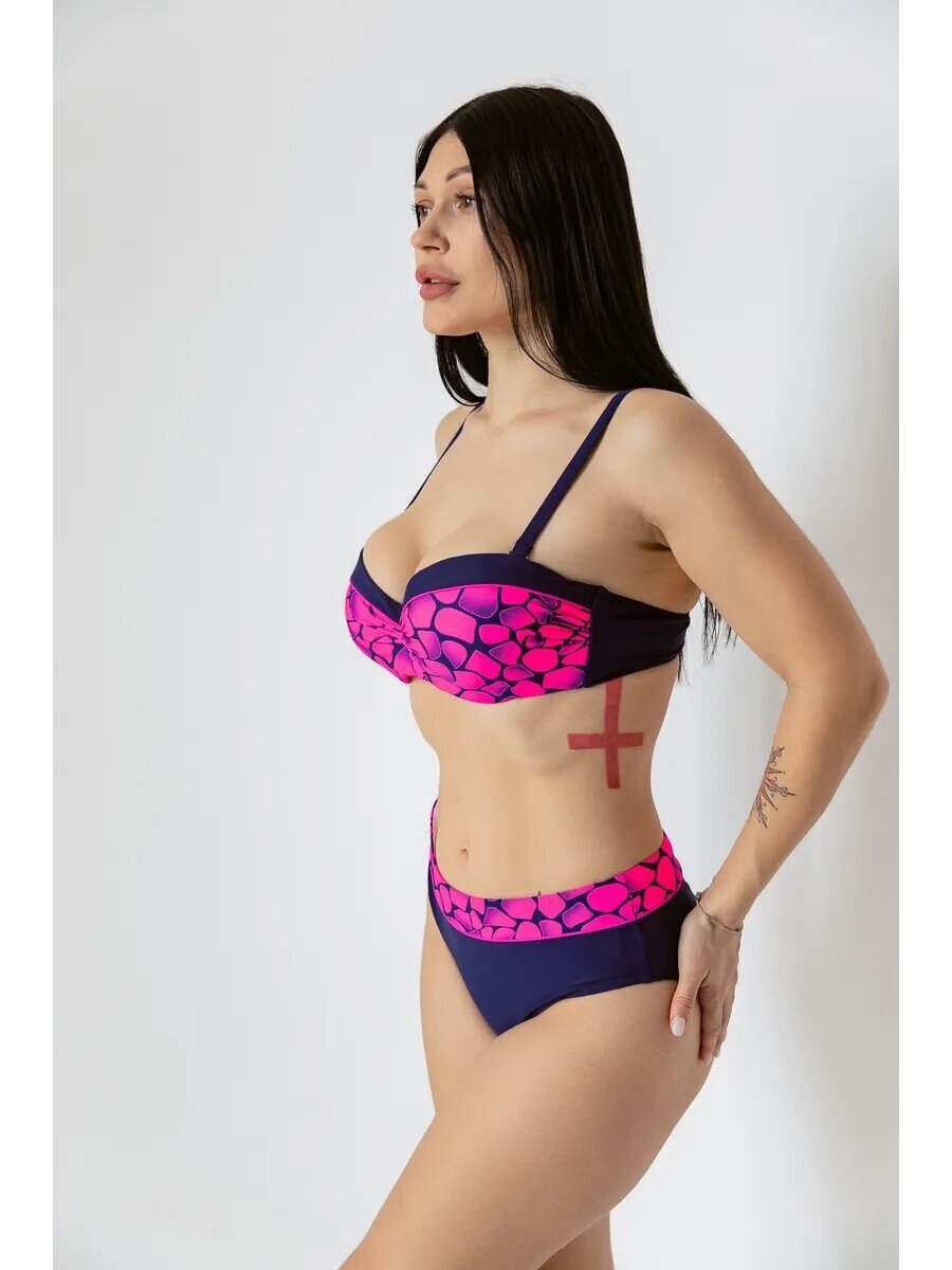 Kadın Fuşya Lacivert Desenli Astarlı Büyük Beden Bikini Takımı HZL25S-LC25143
