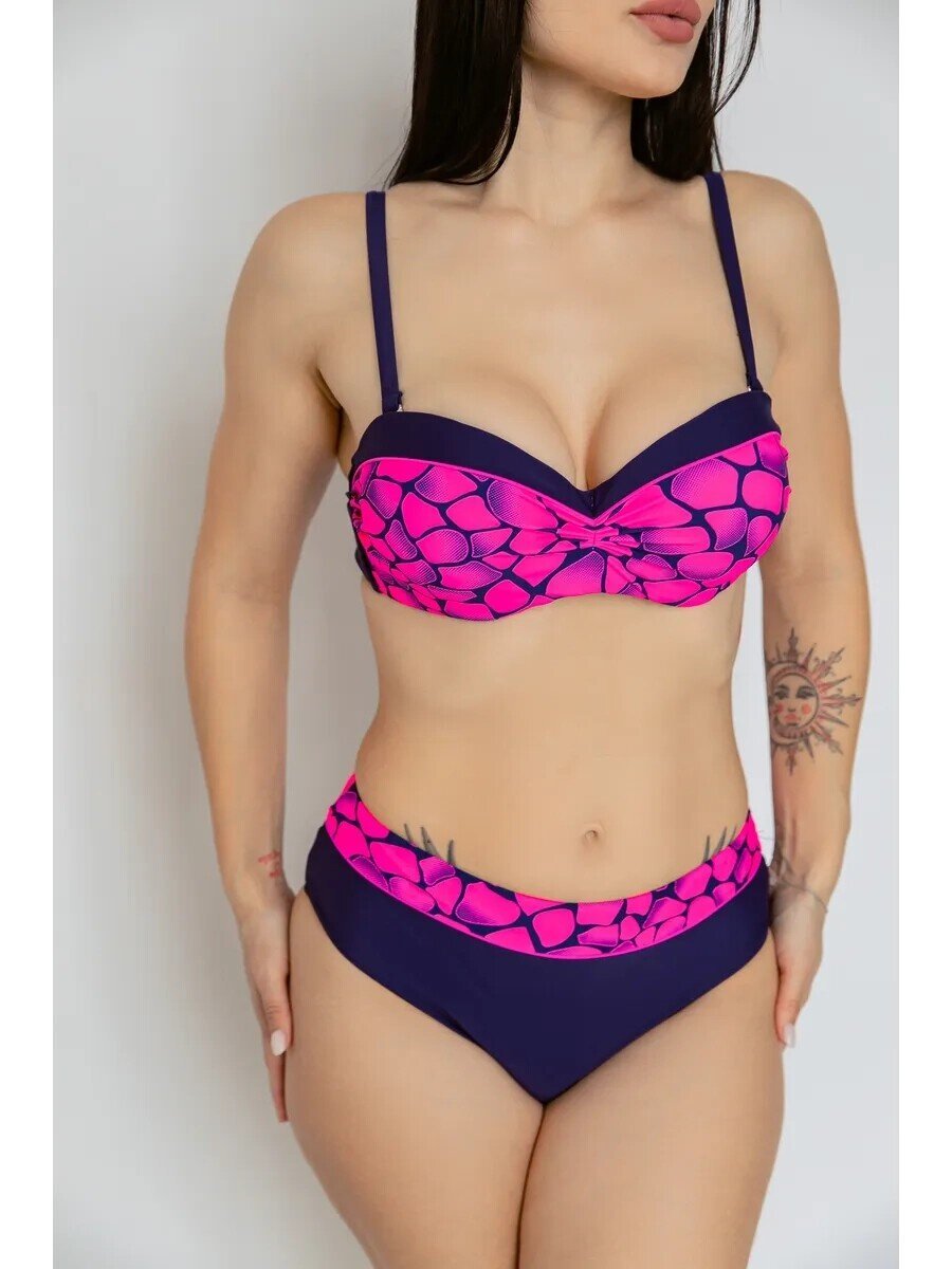 Kadın Fuşya Lacivert Desenli Astarlı Büyük Beden Bikini Takımı HZL25S-LC25143