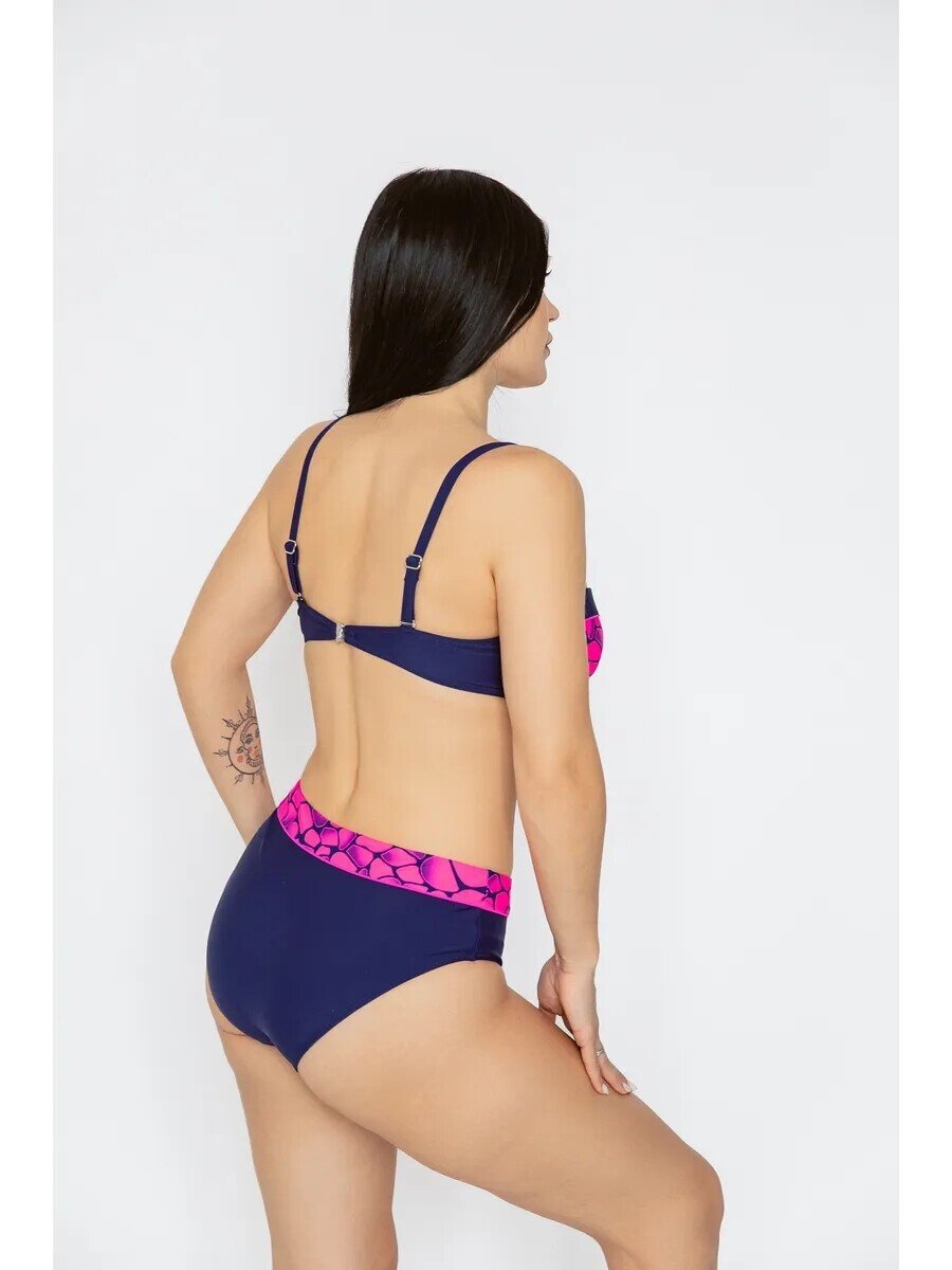 Kadın Fuşya Lacivert Desenli Astarlı Büyük Beden Bikini Takımı HZL25S-LC25143