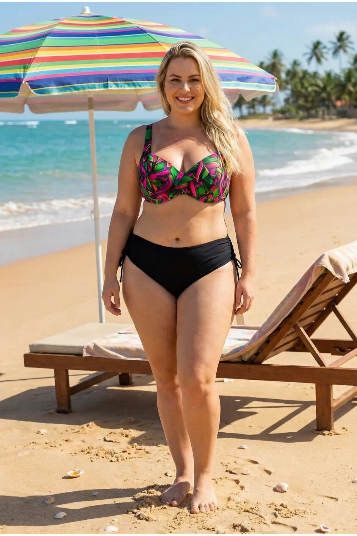 Kadın Fuşya Siyah Desenli Toparlayıcı Balenli Büyük Beden Bikini Takımı HZL26S-LC2519