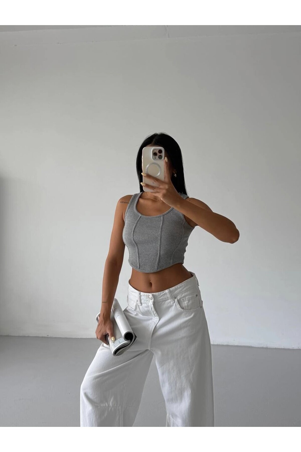 Kadın Gri Fitilli Kaşkorse Crop Bluz HZL25S-FRY123171