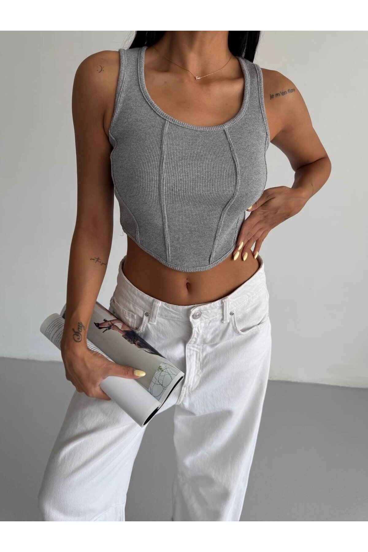 Kadın Gri Fitilli Kaşkorse Crop Bluz HZL25S-FRY123171