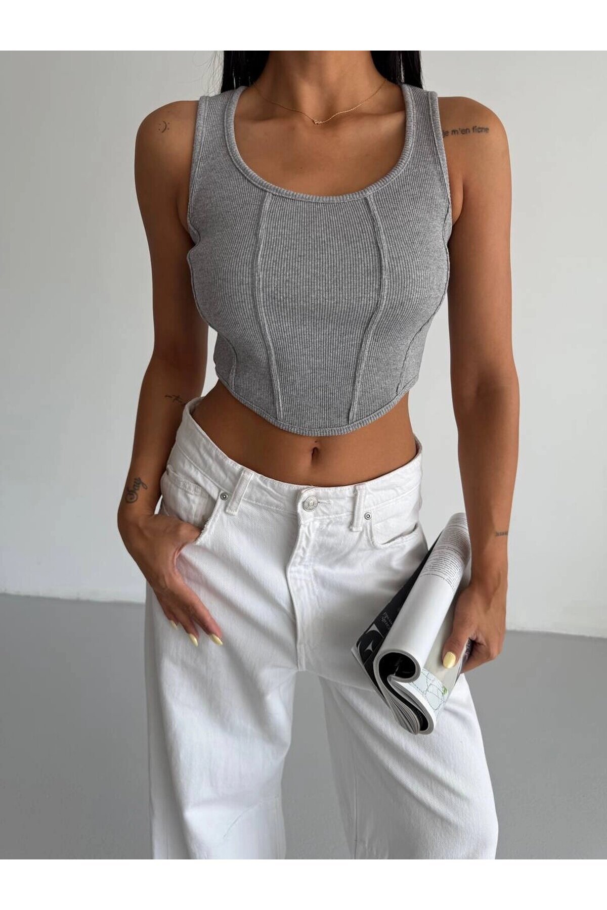 Kadın Gri Fitilli Kaşkorse Crop Bluz HZL25S-FRY123171