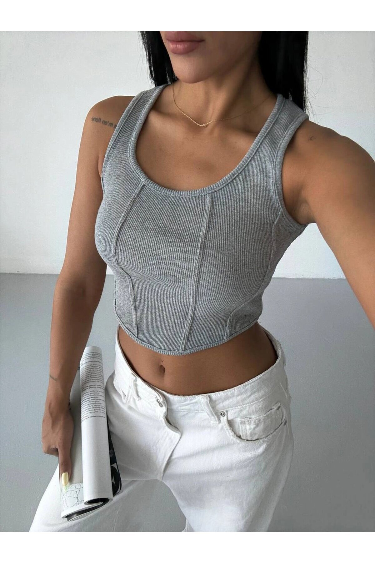 Kadın Gri Fitilli Kaşkorse Crop Bluz HZL25S-FRY123171
