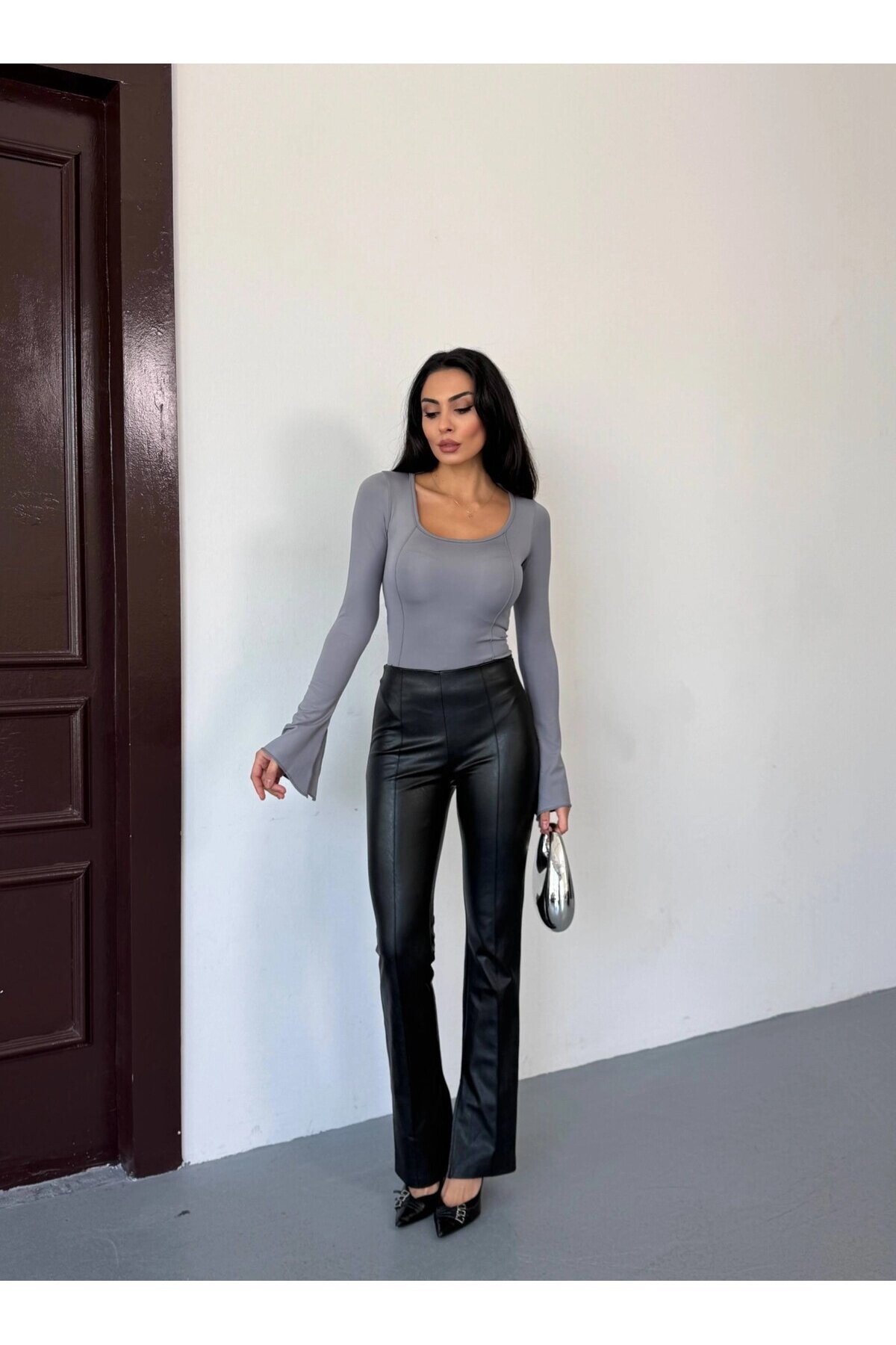 Kadın Gri Uzun Kollu Arkası Bağlamalı Fit Kesim Crop Bluz HZL25W-FRY122771