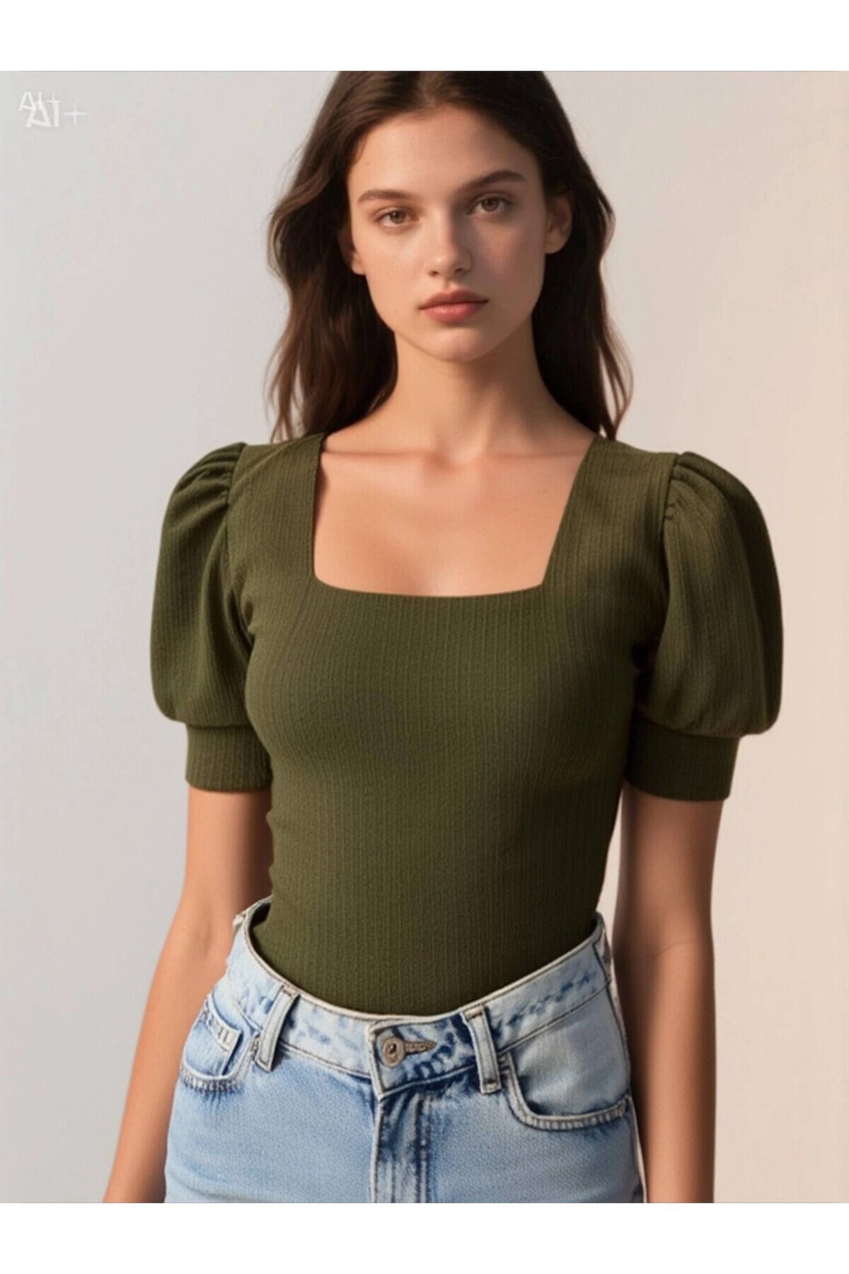 Kadın Haki Kare Yaka Örme Bluz Hzl22w-bd104091