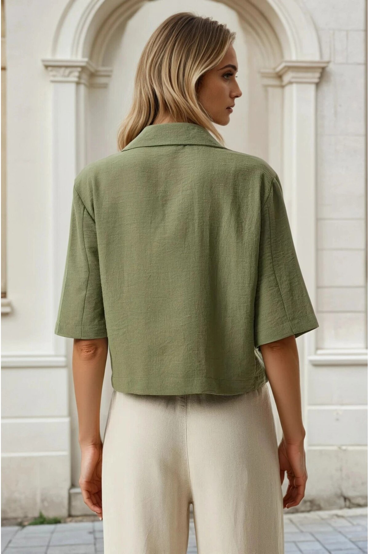 Kadın Haki Kısa Kollu Şal Yaka Düğmeli Mevsimlik Keten Ayrobin Ceket HZL24S-BD107061