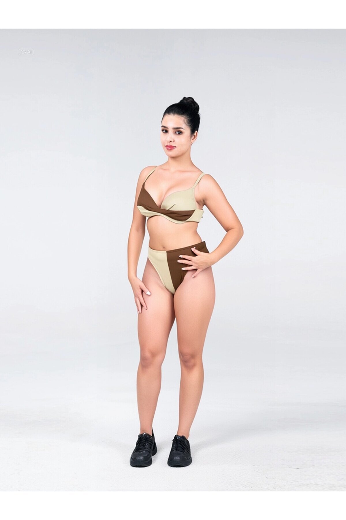 Kadın Kahverengi Krem Renk Bloklu Astarlı Bikini Takımı HZL25S-LC214