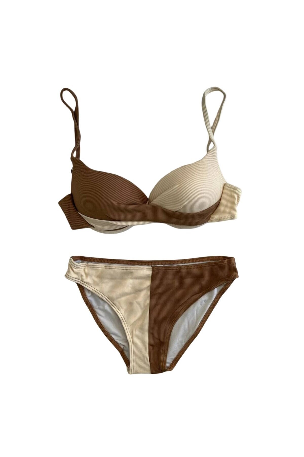 Kadın Kahverengi Krem Renk Bloklu Astarlı Bikini Takımı HZL25S-LC214