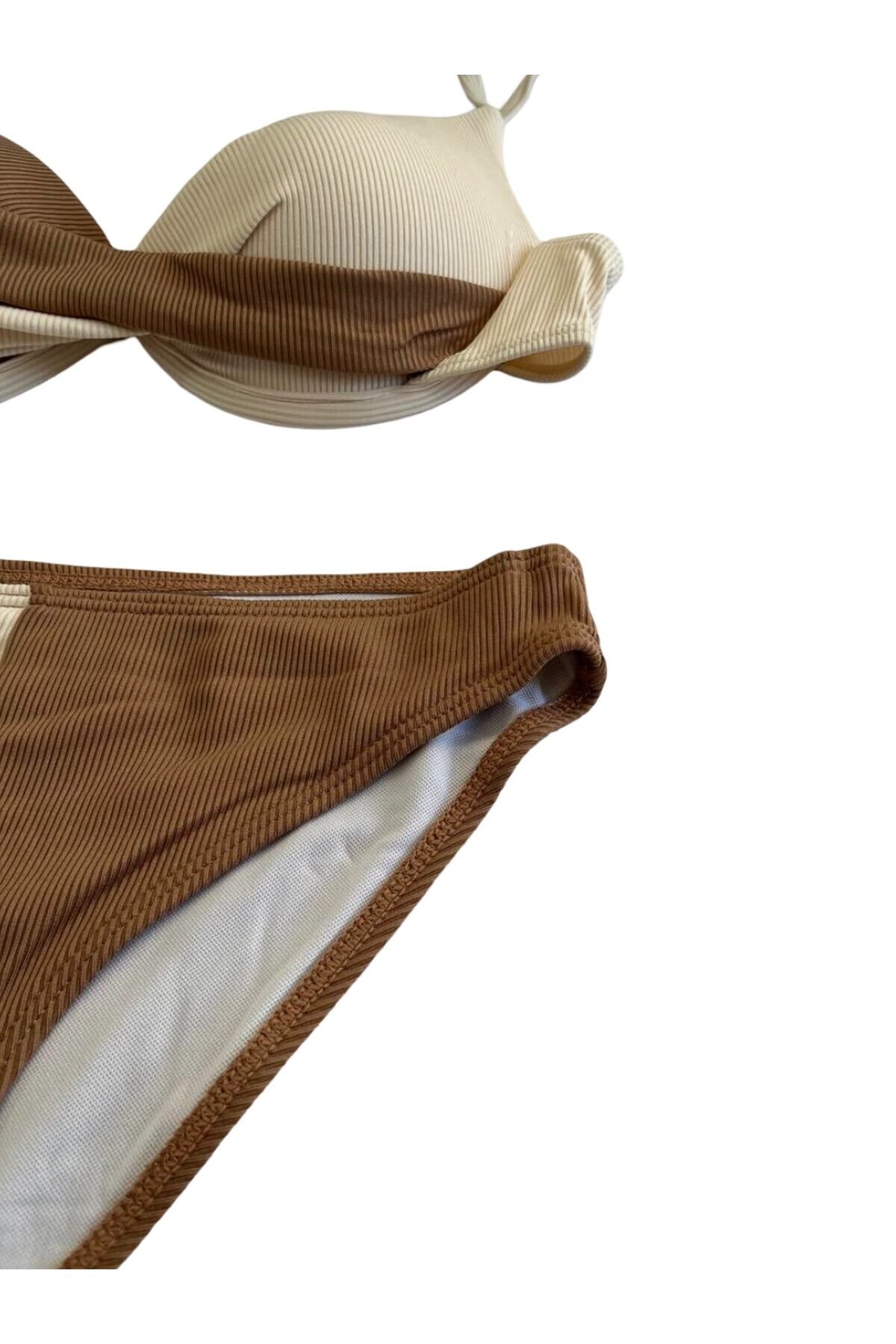 Kadın Kahverengi Krem Renk Bloklu Astarlı Bikini Takımı HZL25S-LC214