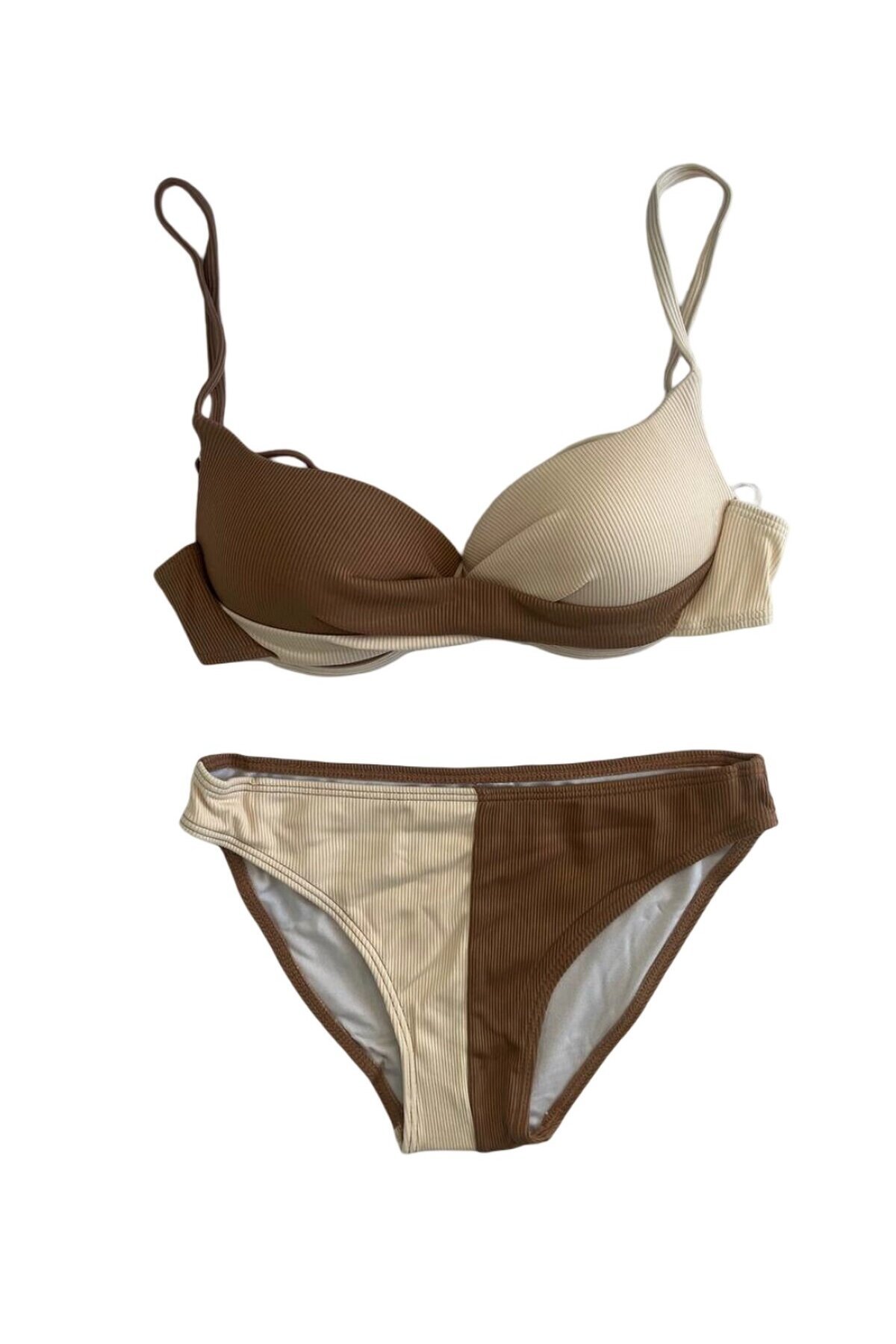 Kadın Kahverengi Krem Renk Bloklu Astarlı Bikini Takımı HZL25S-LC214