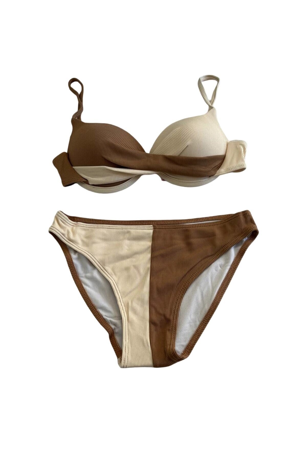 Kadın Kahverengi Krem Renk Bloklu Astarlı Bikini Takımı HZL25S-LC214