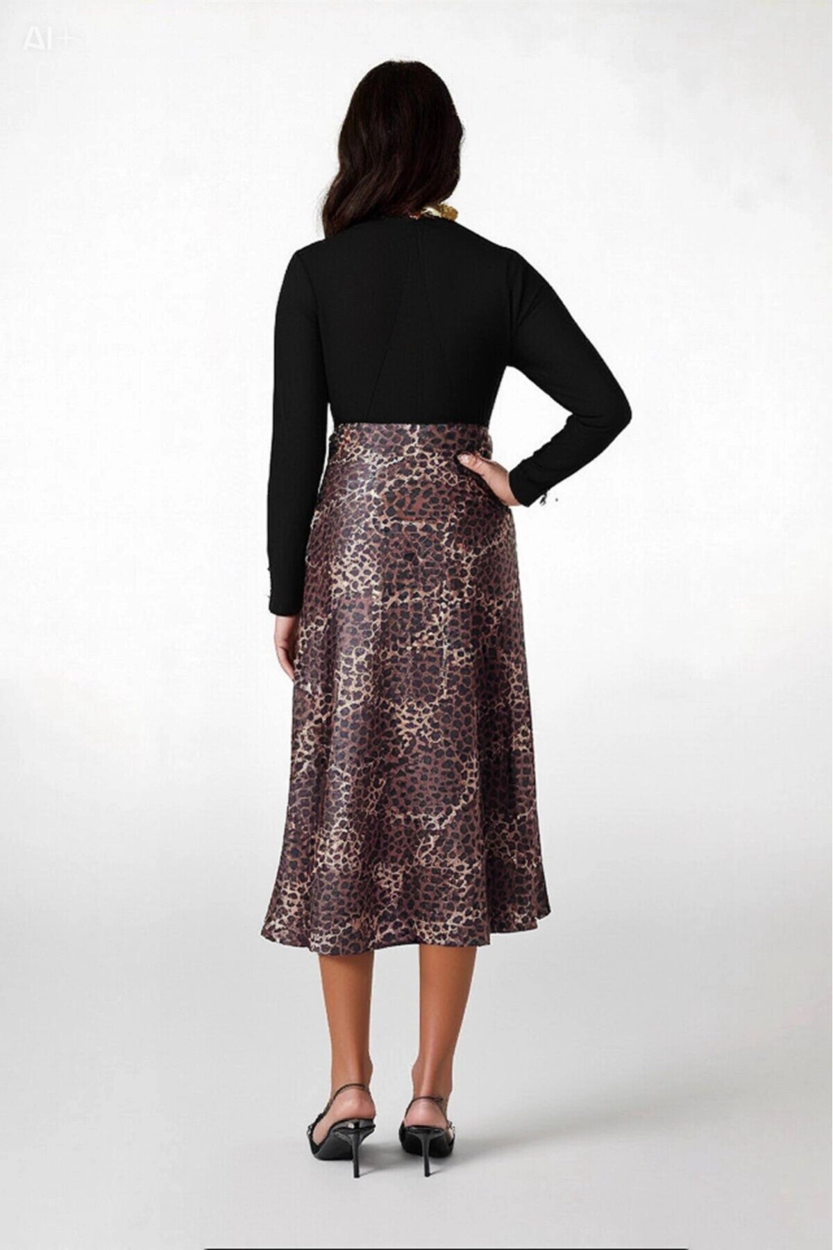Kadın Kahverengi Leopar Desenli Saten Yüzeyli Beli Lastikli Midi Boy Etek Hzl23s-bd1101471