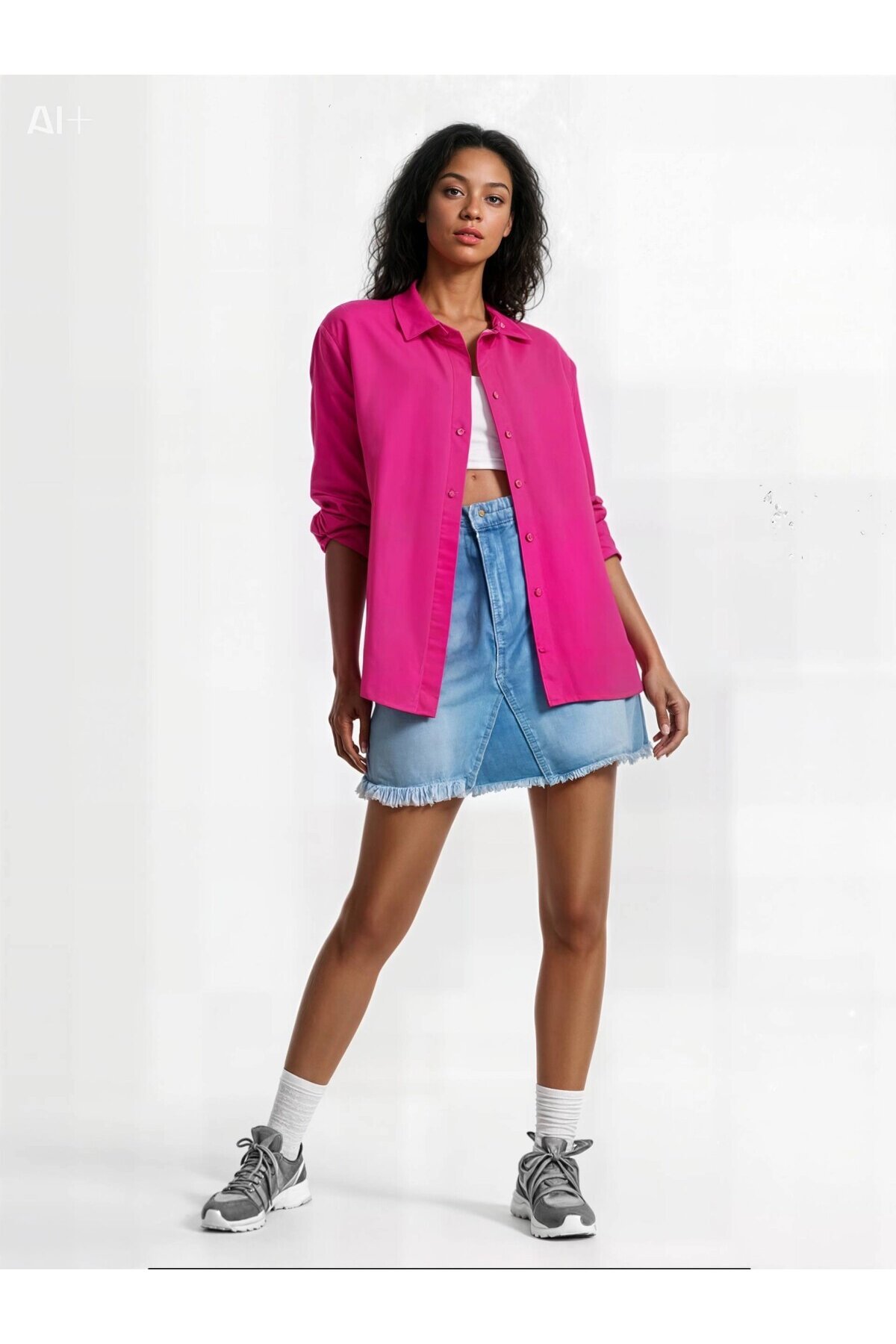 Kadın Koyu Pembe Oversize Uzun Basic Gömlek HZL22W-BD139001