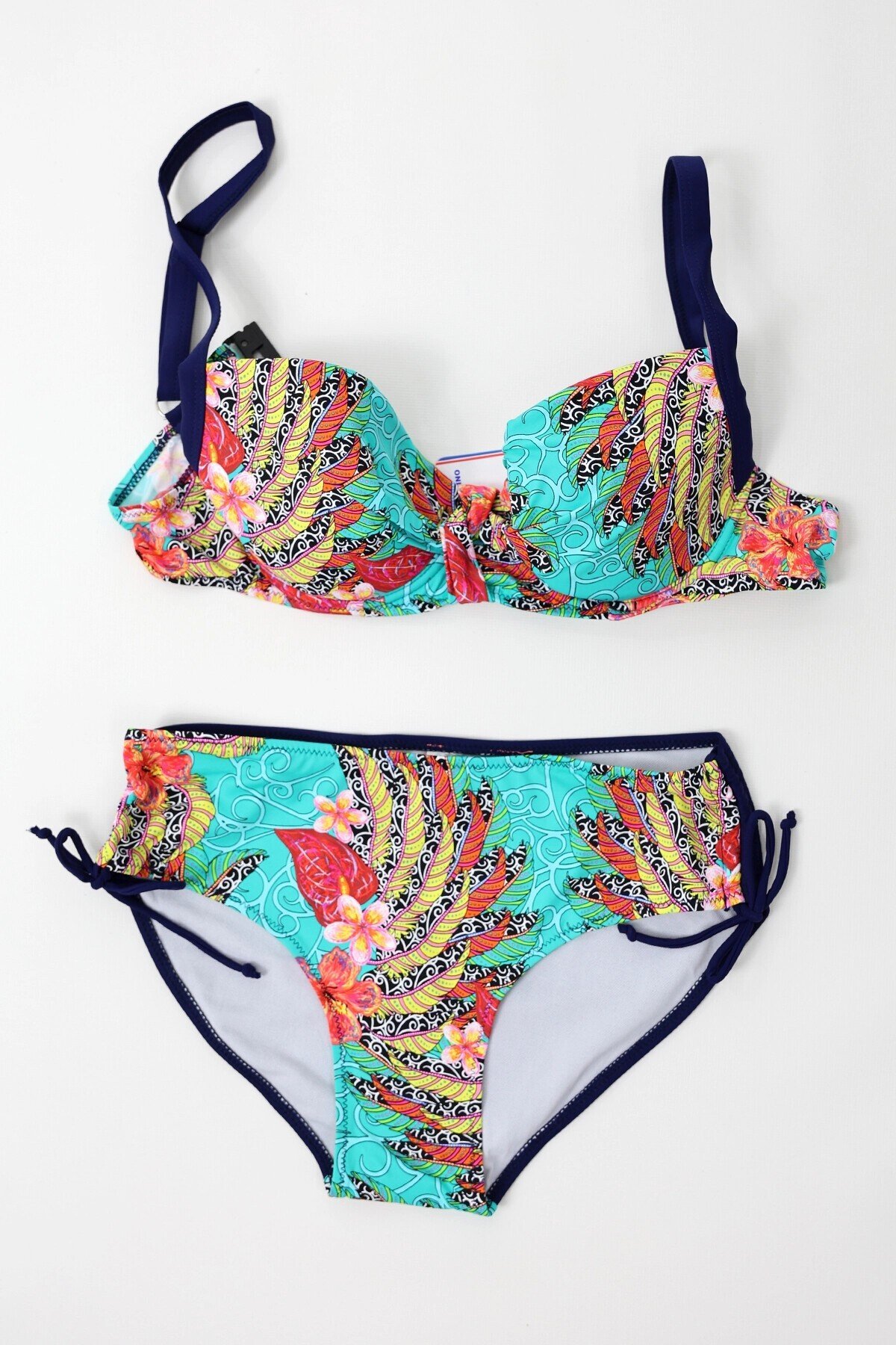 Kadın Lacivert Çok Renkli Yüksek Bel Toparlayıcı Büyük Beden Bikini Takım HZL24S-LC7015