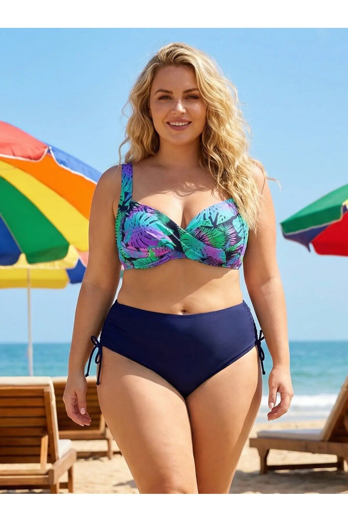 Kadın Lacivert Turkuaz Desenli Astarlı Büyük Beden Bikini Takımı HZL25S-LC3832