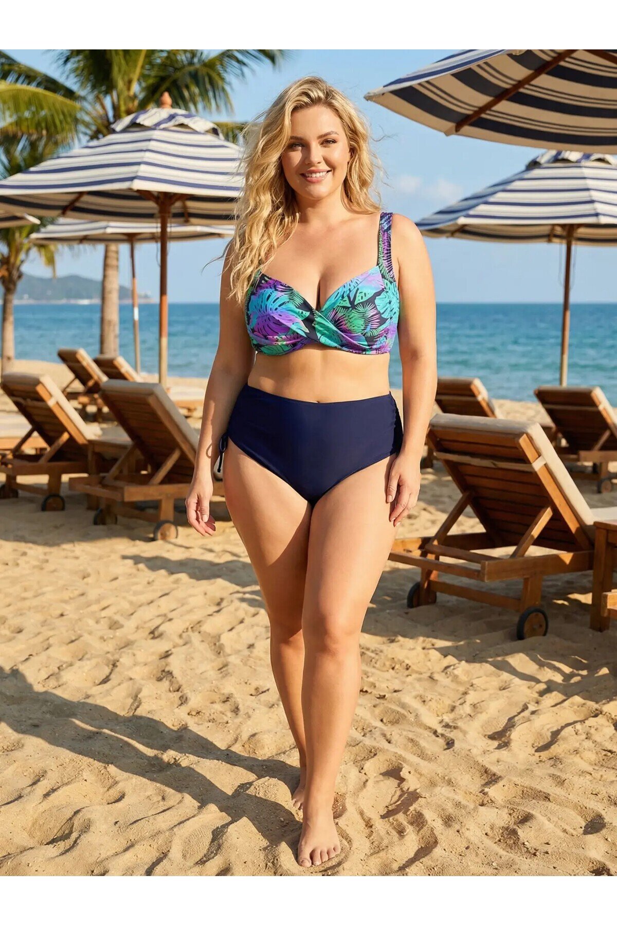 Kadın Lacivert Turkuaz Desenli Astarlı Büyük Beden Bikini Takımı HZL25S-LC3832