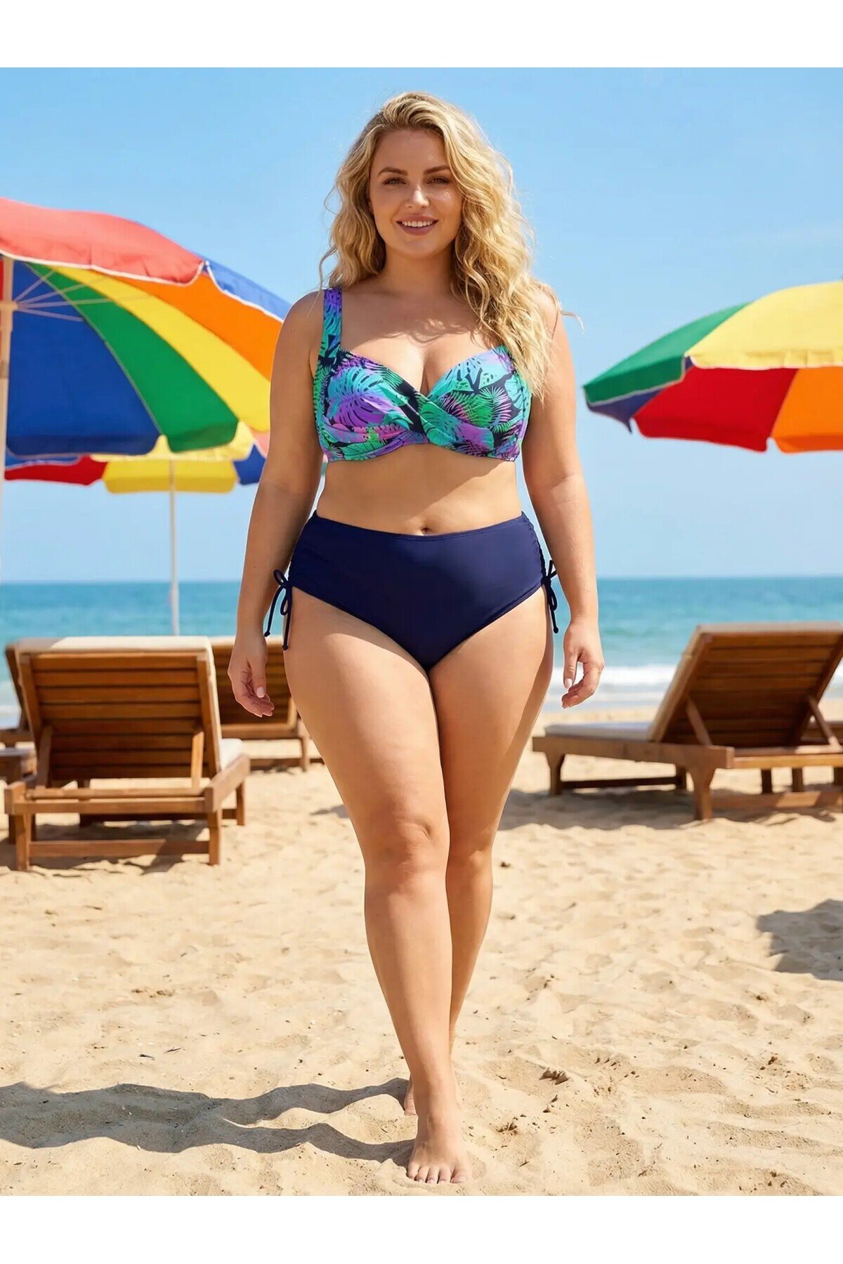 Kadın Lacivert Turkuaz Desenli Astarlı Büyük Beden Bikini Takımı HZL25S-LC3832
