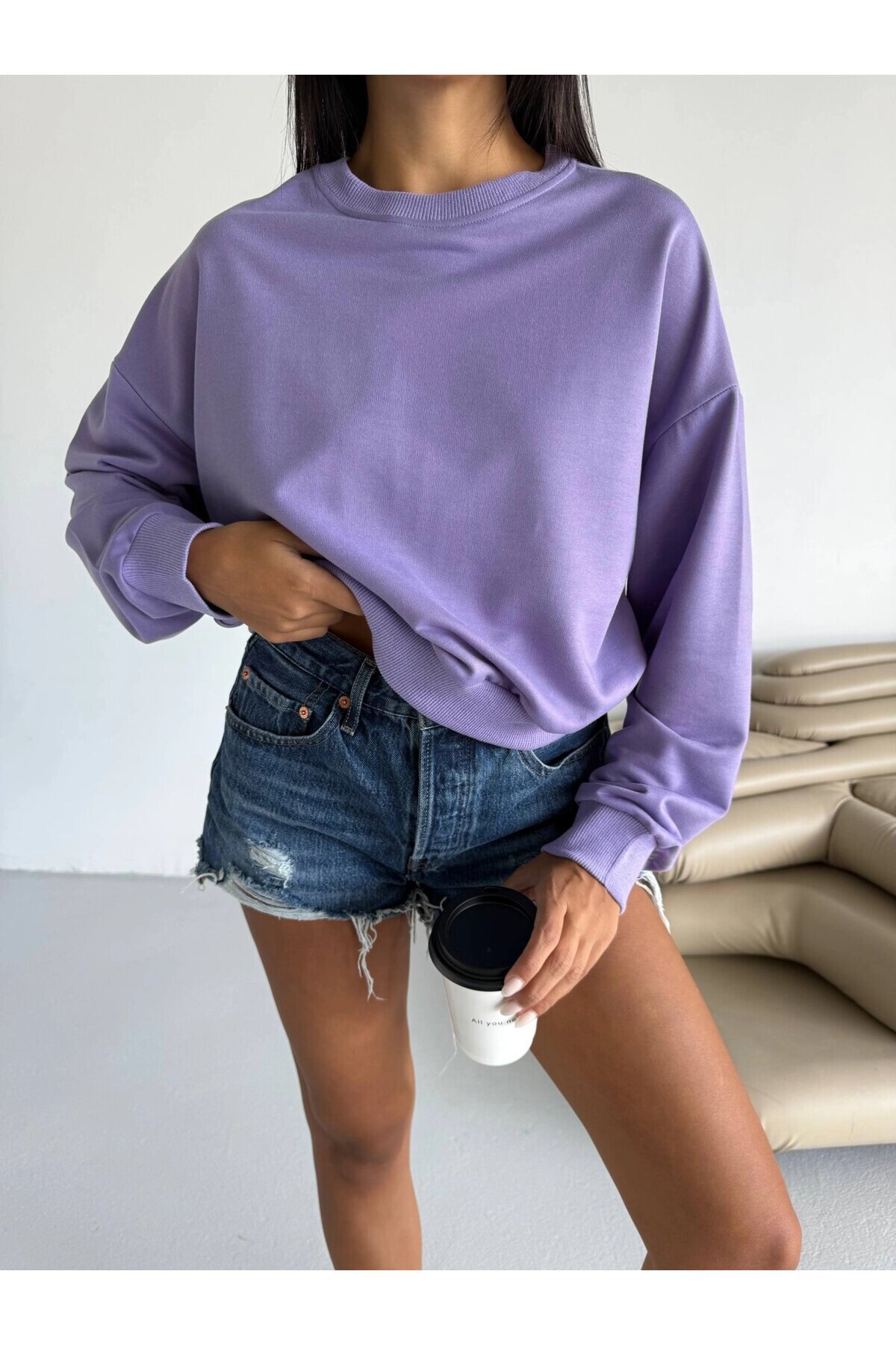 Kadın Lila Bisiklet Yaka 2 İplik Sweatshirt HZL25W-FRY123391