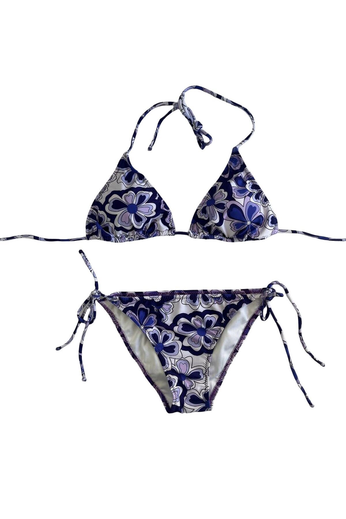 Kadın Lila Çiçek Desenli Boyundan İp Bağlamalı Üçgen Bikini Takımı HZL25S-LC5005