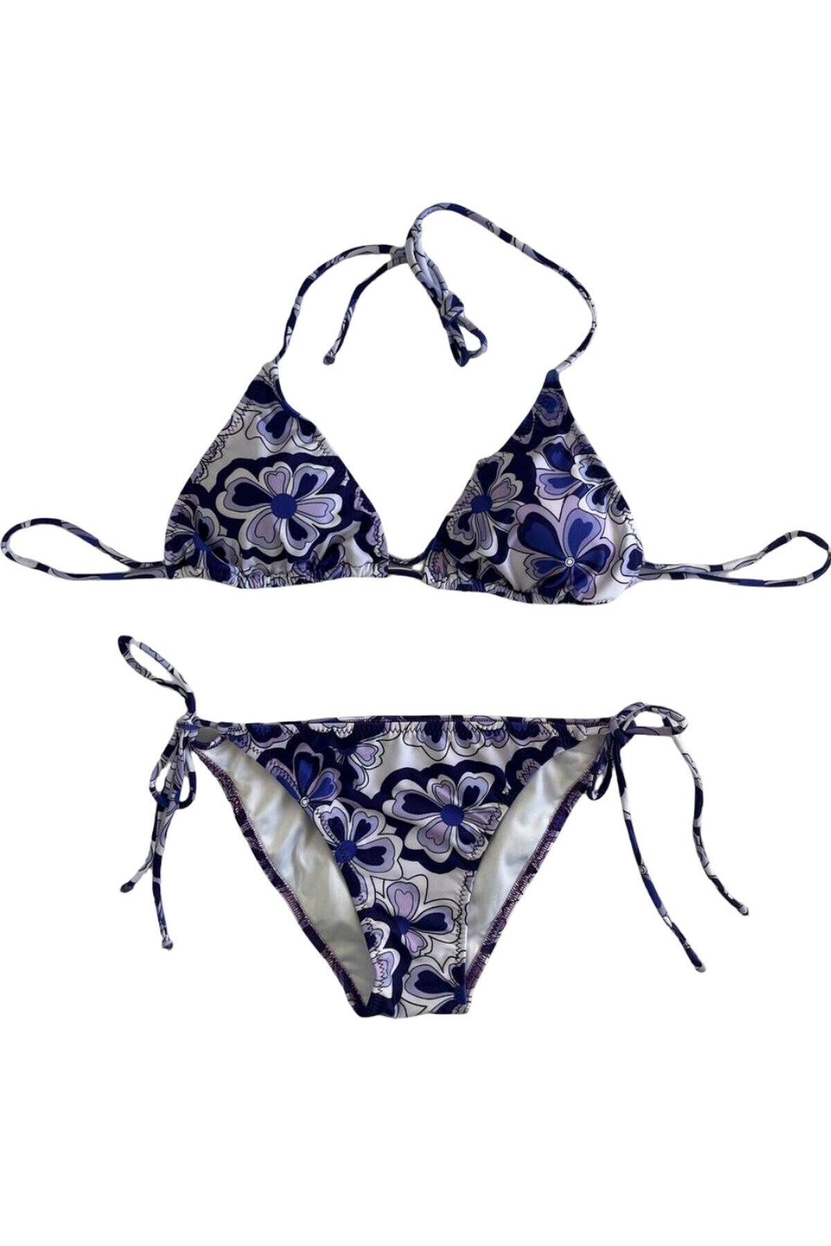 Kadın Lila Çiçek Desenli Boyundan İp Bağlamalı Üçgen Bikini Takımı HZL25S-LC5005
