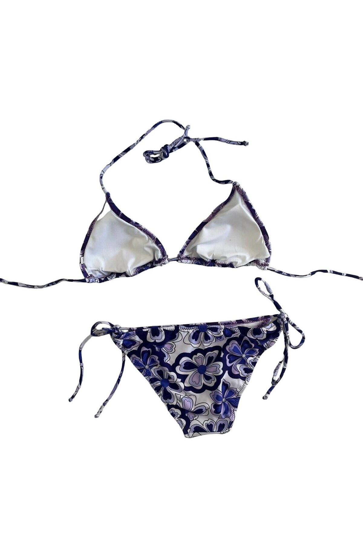 Kadın Lila Çiçek Desenli Boyundan İp Bağlamalı Üçgen Bikini Takımı HZL25S-LC5005