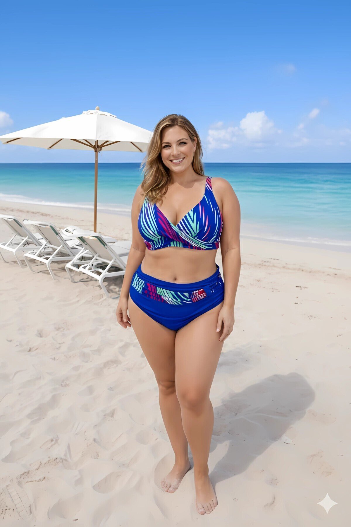 Kadın Mavi Çok Renkli Büyük Beden Astarlı Bikini Takım HZL25S-LC21202